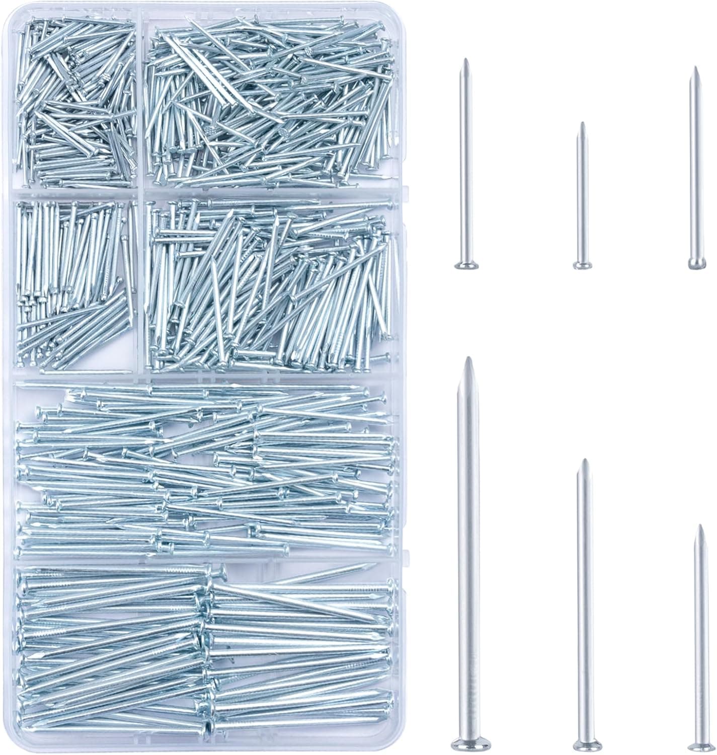KURUI 700pcs Hardware Nails for Hanging Pictures, Up to 2"-Long Finish Nails Assortment Kit for Wall Art Decor, 640 Frame Nails and 60 Small Finishing Nails for Drywall Wood - Silver Picture Hangers 700Pcs Galvanized Nails - Image 2