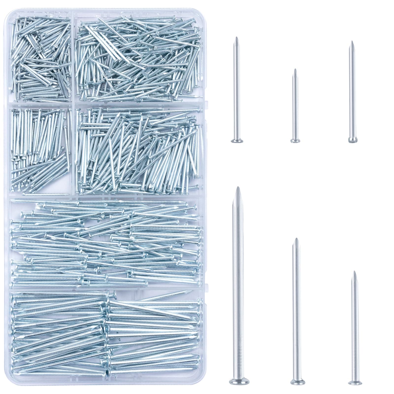 KURUI 700pcs Hardware Nails for Hanging Pictures, Up to 2"-Long Finish Nails Assortment Kit for Wall Art Decor, 640 Frame Nails and 60 Small Finishing Nails for Drywall Wood - Silver Picture Hangers 700Pcs Galvanized Nails