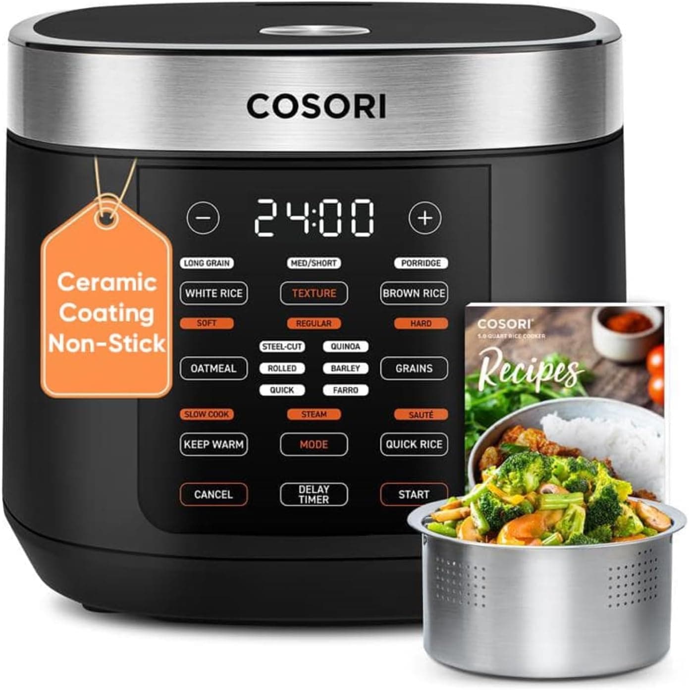 COSORI Rice Cooker 10 Cup, 24h Keep Warm, Non-stick Ceramic Inner Pot, 18 Functions Fuzzy Logic Rice Maker with Stainless Steel Steamer Basket, Sauté, Slow Cooker, Black - Image 2