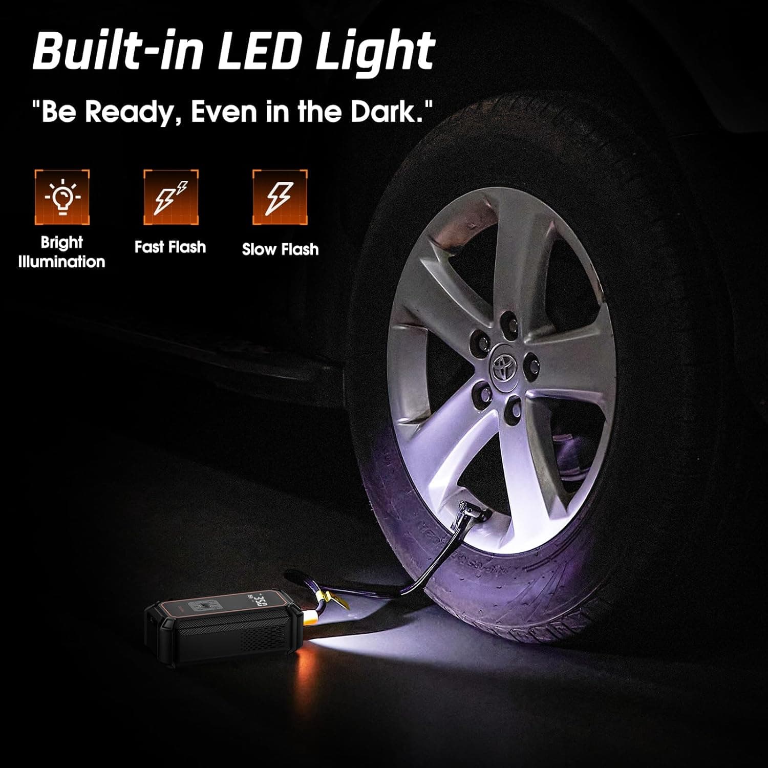 OlarHike Cordless Tire Inflator Portable Air Compressor, 150PSI Dual Power - 5400 mAh & 12V DC, Air Pump for Car Tires, Bike, Motorcycle, Bicycle, Electric Pump with LED Light & Digital Pressure Gauge 1-gray 5400mah with Cable (Car&SUV) - Image 11