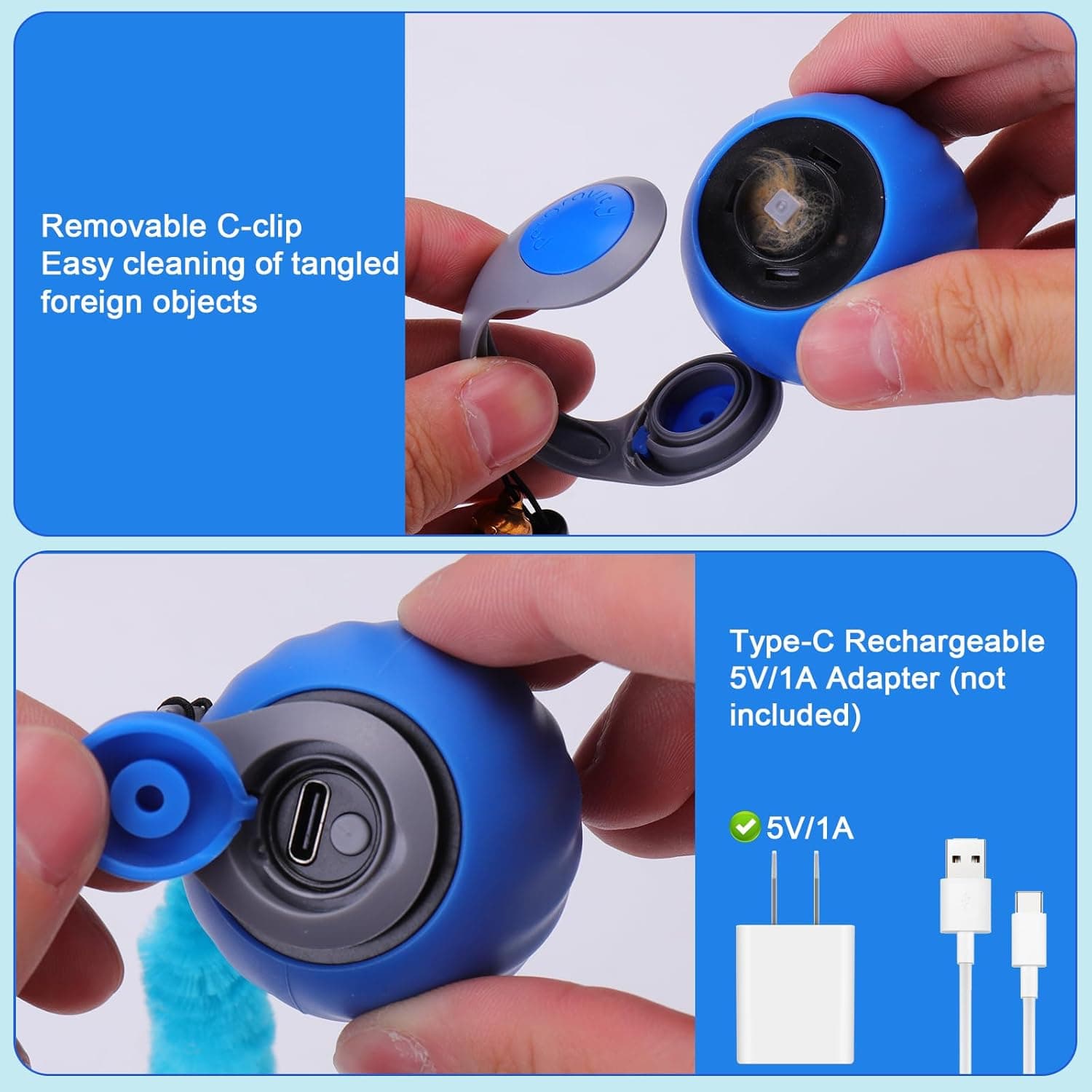 BABORUI Interactive Cat Toy Ball - Automatic Interactive Cat Toys for Indoor Cats with 3 Tails, 2 Speeds Rechargeable Cat Enrichment Toys for Small/Medium/Large Cats to Keep Them Busy(Blue) - Image 8