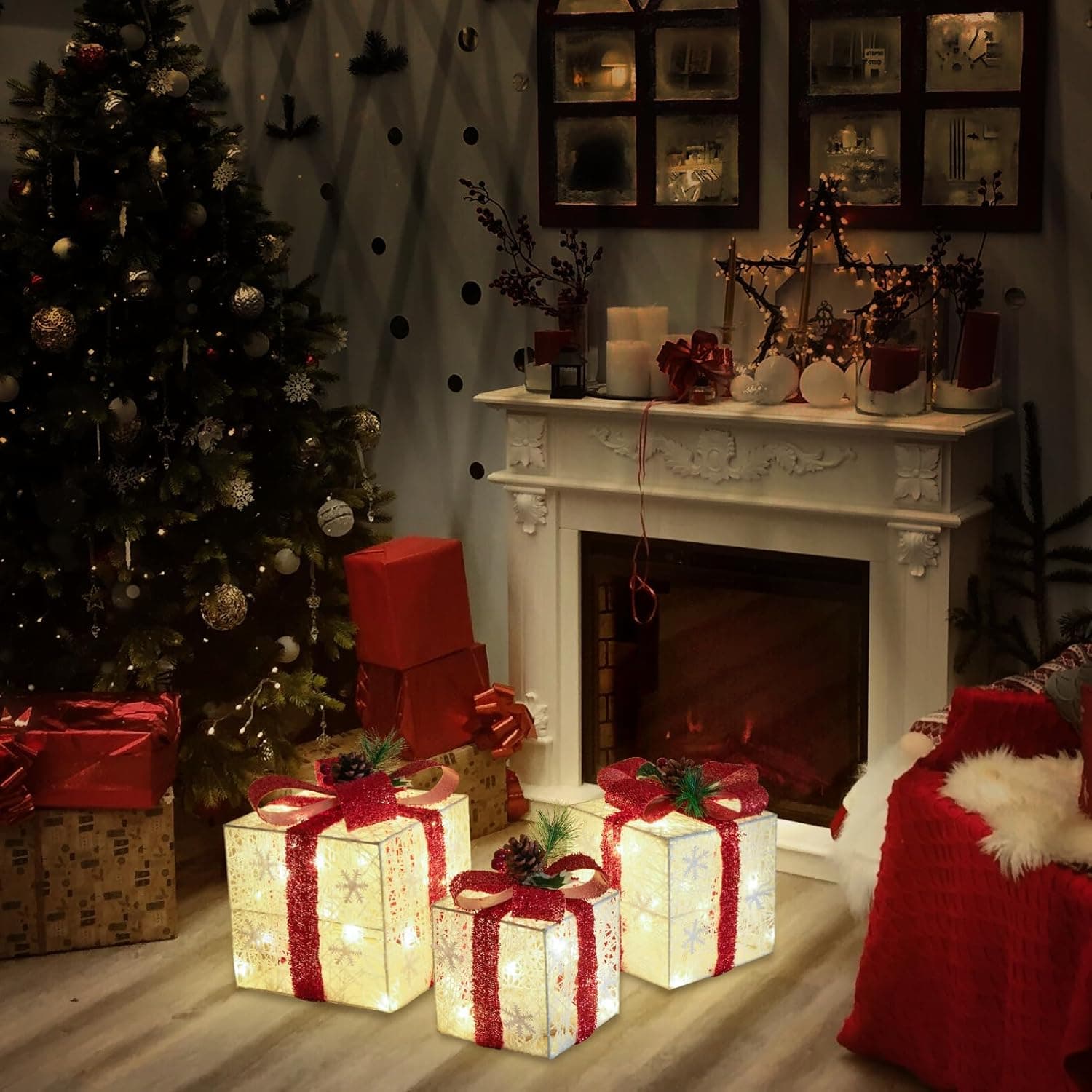 Christmas Decorations, Set of 3 Christmas Lighted Gift Boxes, Battery Operated Xmas Present Boxes, Warm White LED with Bows for Indoor Christmas Tree, Yard, Home Decor 1.red bow - Image 8