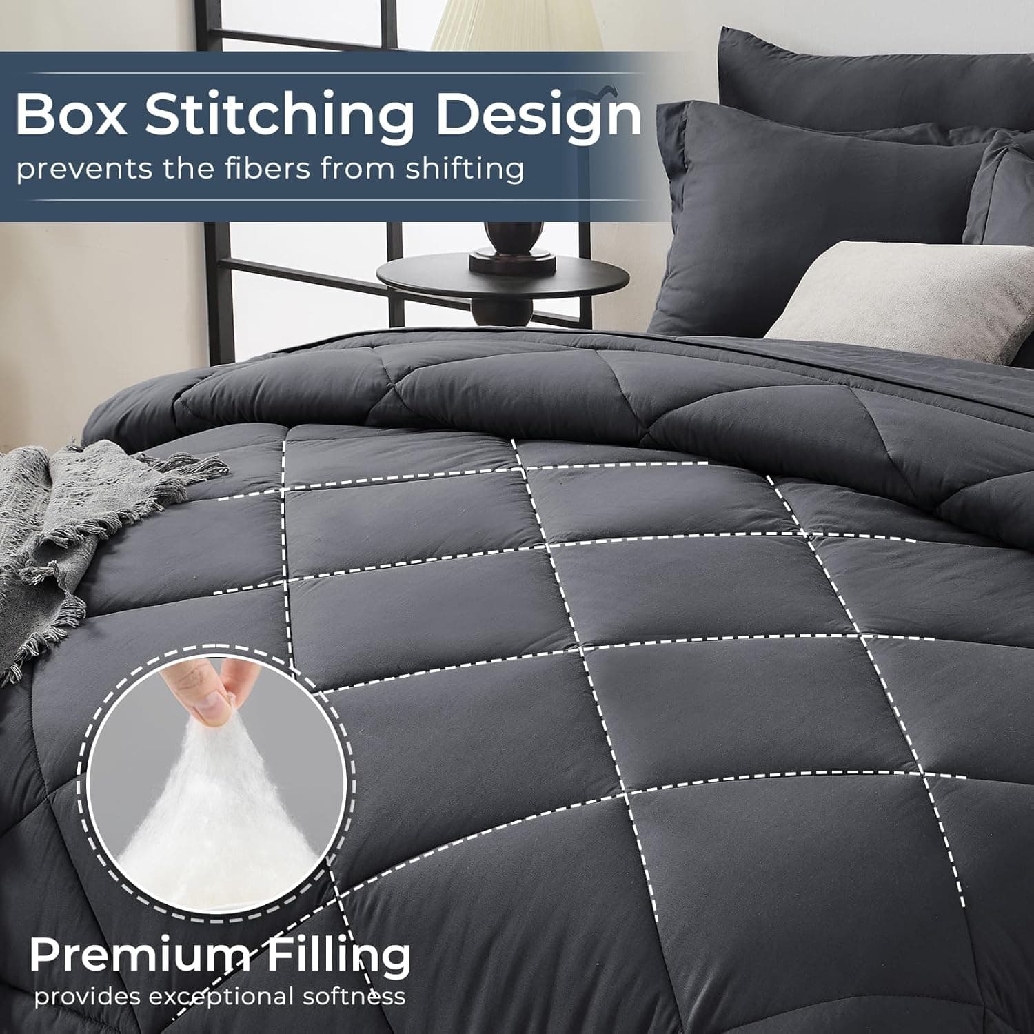 HEVUMYI Ensemble de Couette Queen de 7 Pièces, Ensemble de Lit Réversible Toutes Saisons, Ensemble de Literie Ultra Doux avec Couette Grise, Drap Plat, Drap Housse, Taies d'Oreiller, Housses de Coussin, Queen Gris Foncé - Image 5