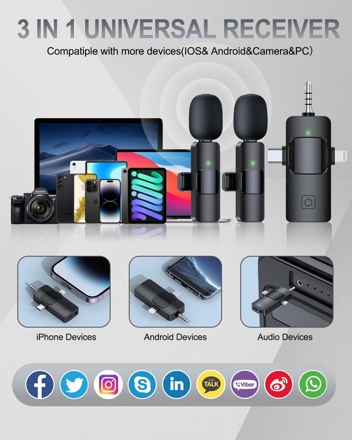 PQRQP 3 in 1 Professional Wireless Lavalier Microphone for iPhone, Android, Camera, Wireless Microphones, Mini Microphone, Crystal Clear Sound Quality for Recording, Live Streaming, Microphone Clips Elegant Black - Image 8