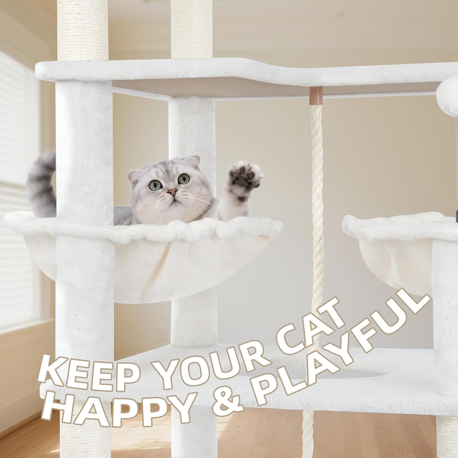 71in Multifunctional Multi-Level Cat Tree Tower for Indoor Cats,Cat Tree with Hammock,2 Condos,2 Hanging Baskets,2 Feather Toys,3 Perches,5 Hanging Balls,7 Scratching Posts,Beige 71" Beige - Image 8