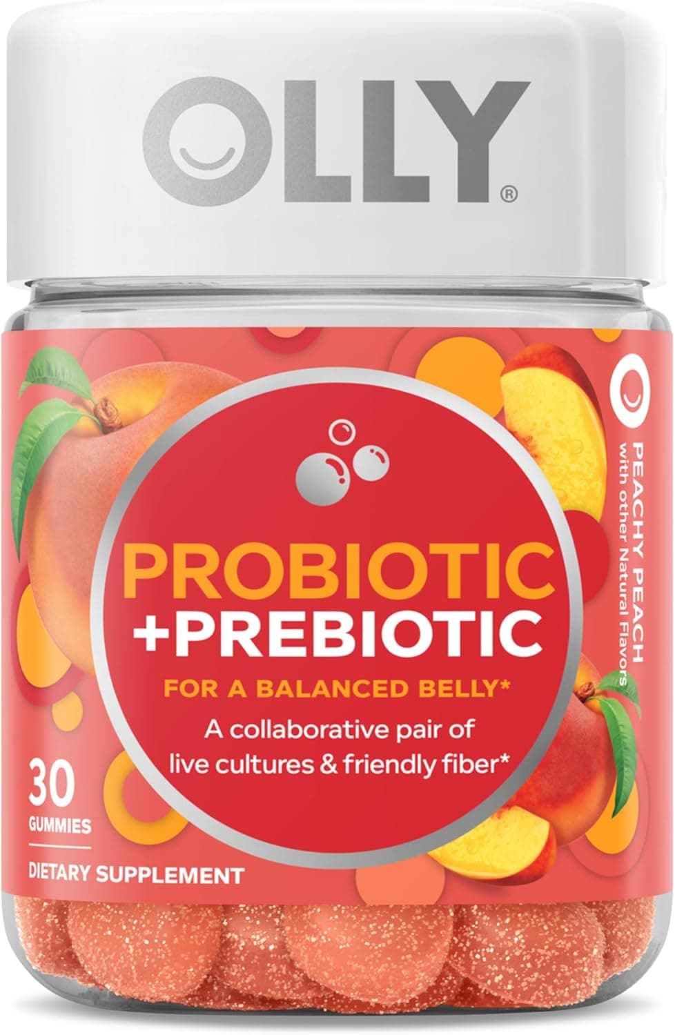 OLLY Probiotic + Prebiotic Gummy, Digestive Support and Gut Health, 500 Million CFUs, Fiber, Adult Chewable Supplement for Men and Women, Peach, 30 Day Supply - 30 Count 30 Count (Pack of 1) Nutritional Supplement - Image 2