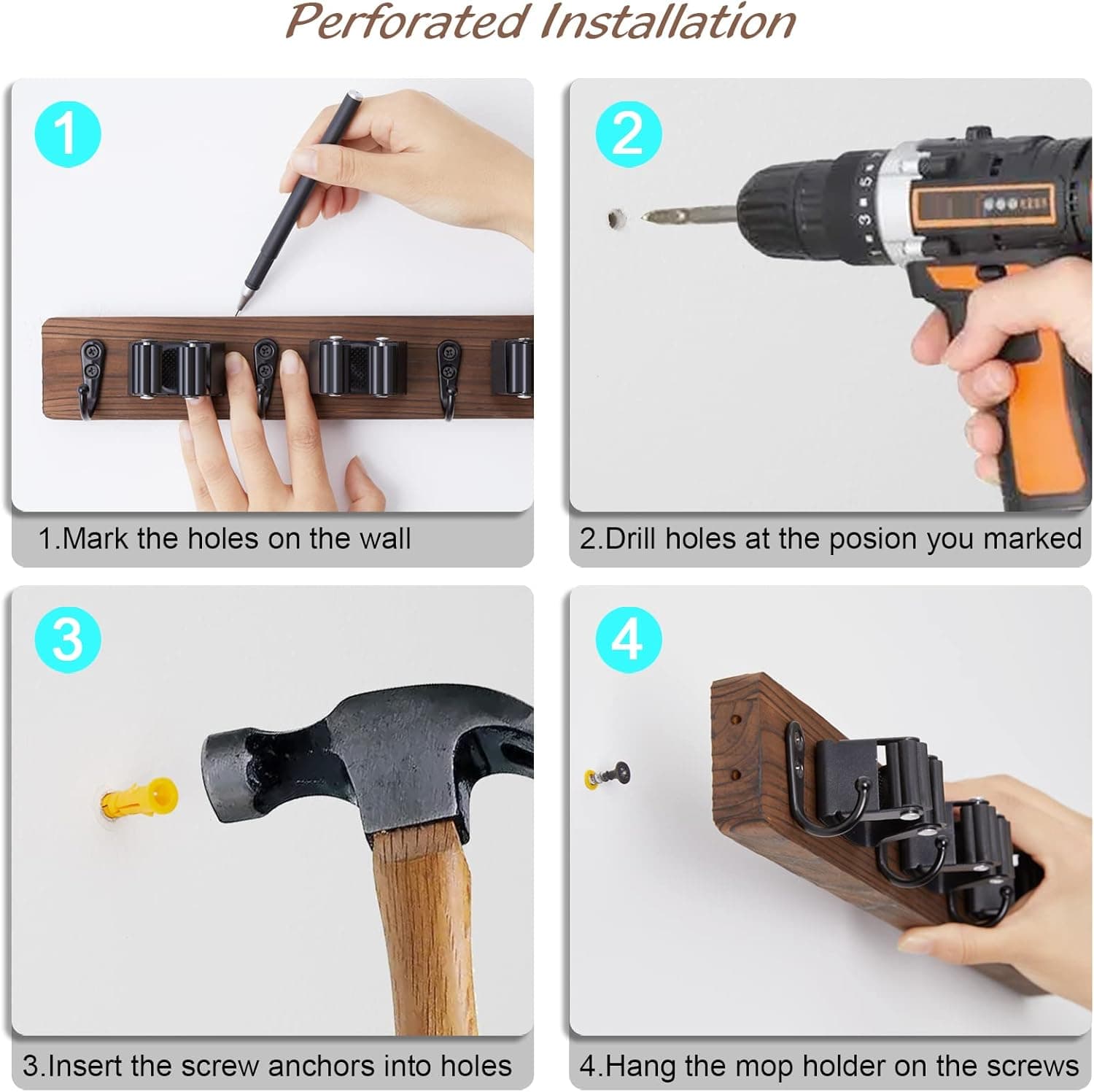 Mop and Broom Holder Wall Mount - Rustic Wood Broom Mop Hanger - Wall Mounted Garden Tool Rack Organizer for Closet Garage Laundry Room Kitchen Decor With 4 Slots & 4 Hooks Brown-4 Slots - Image 8