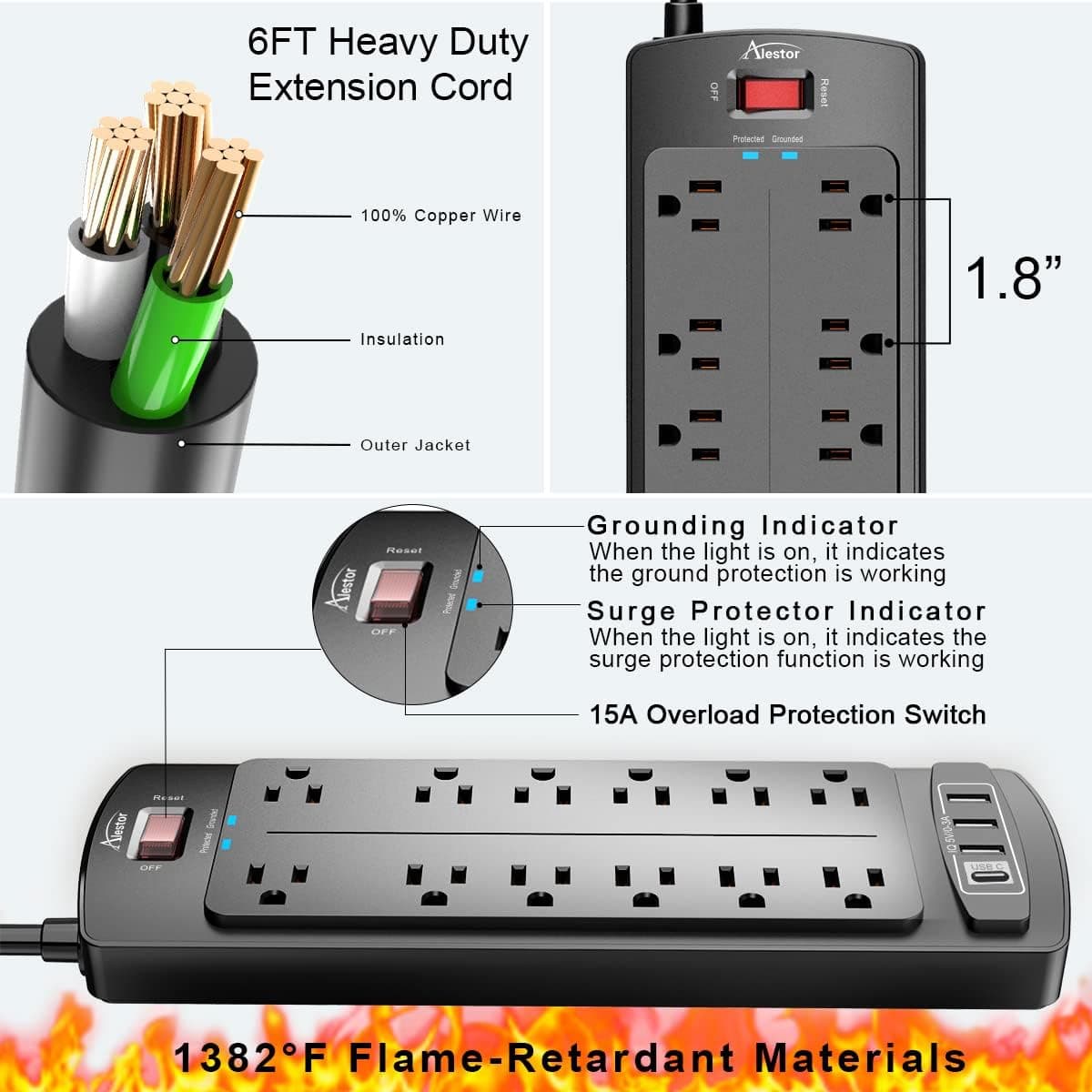 Power Strip, ALESTOR Surge Protector with 12 Outlets and 4 USB Ports, 6 Feet Extension Cord (1875W/15A), 2700 Joules, ETL Listed, Black 6 Ft Black - Image 6