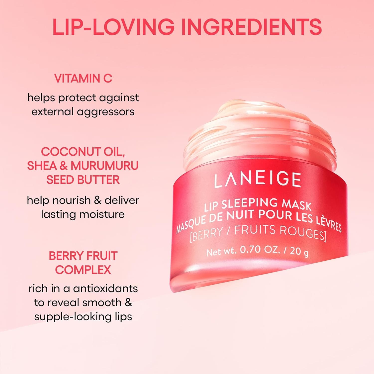 LANEIGE Lip Sleeping Mask: Nourish, Hydrate, Vitamin C, Murumuru & Shea Butter, Antioxidants, Flaky, Dry Lips Berry - Image 7