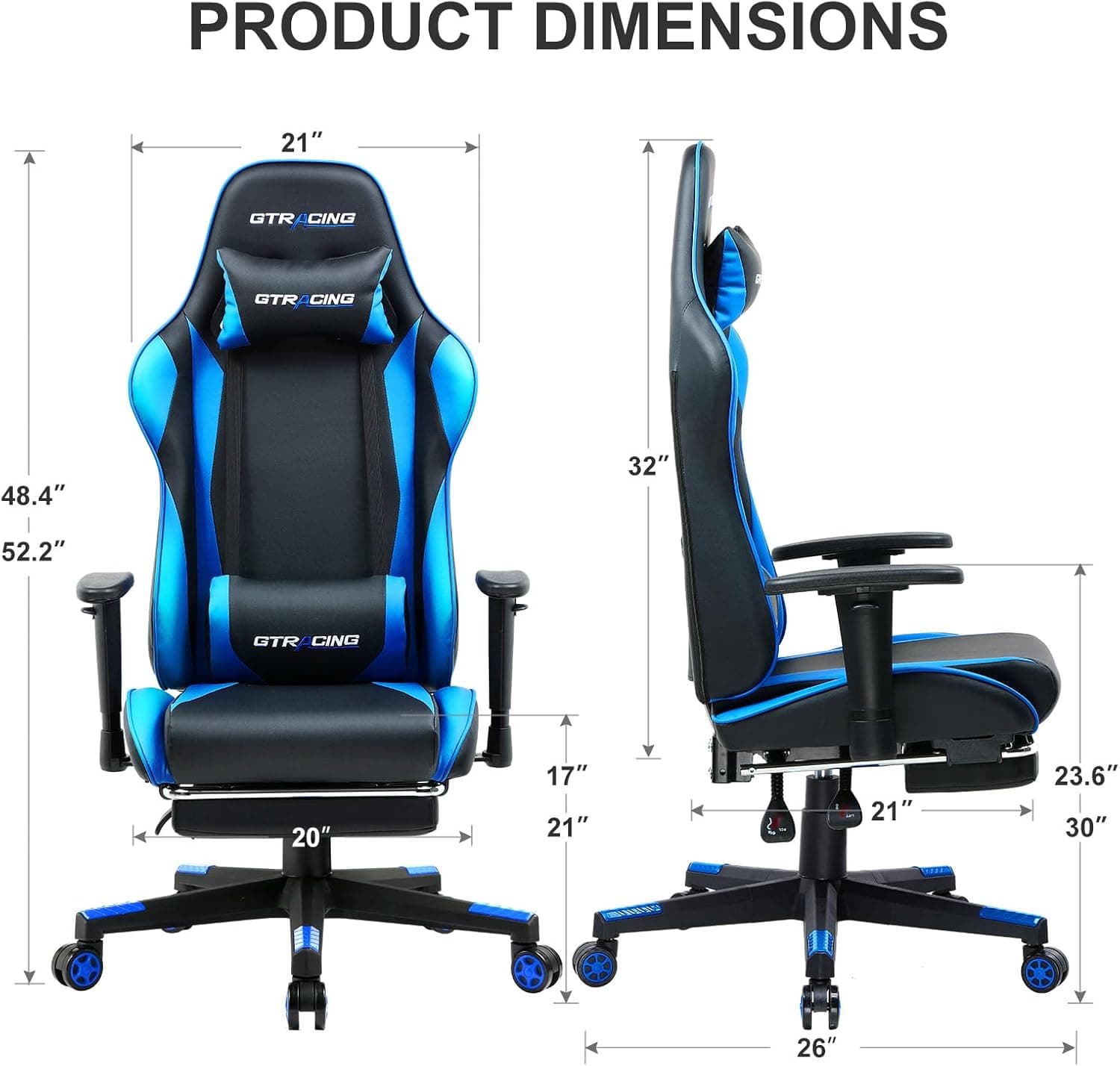 GTRACING Gaming Chair with Footrest, Ergonomic Computer Game Desk Chair, Reclining Game Chair Seat Height Adjustment, Swivel Rocker with Headrest and Lumbar (Blue) Oceanblue - Image 3