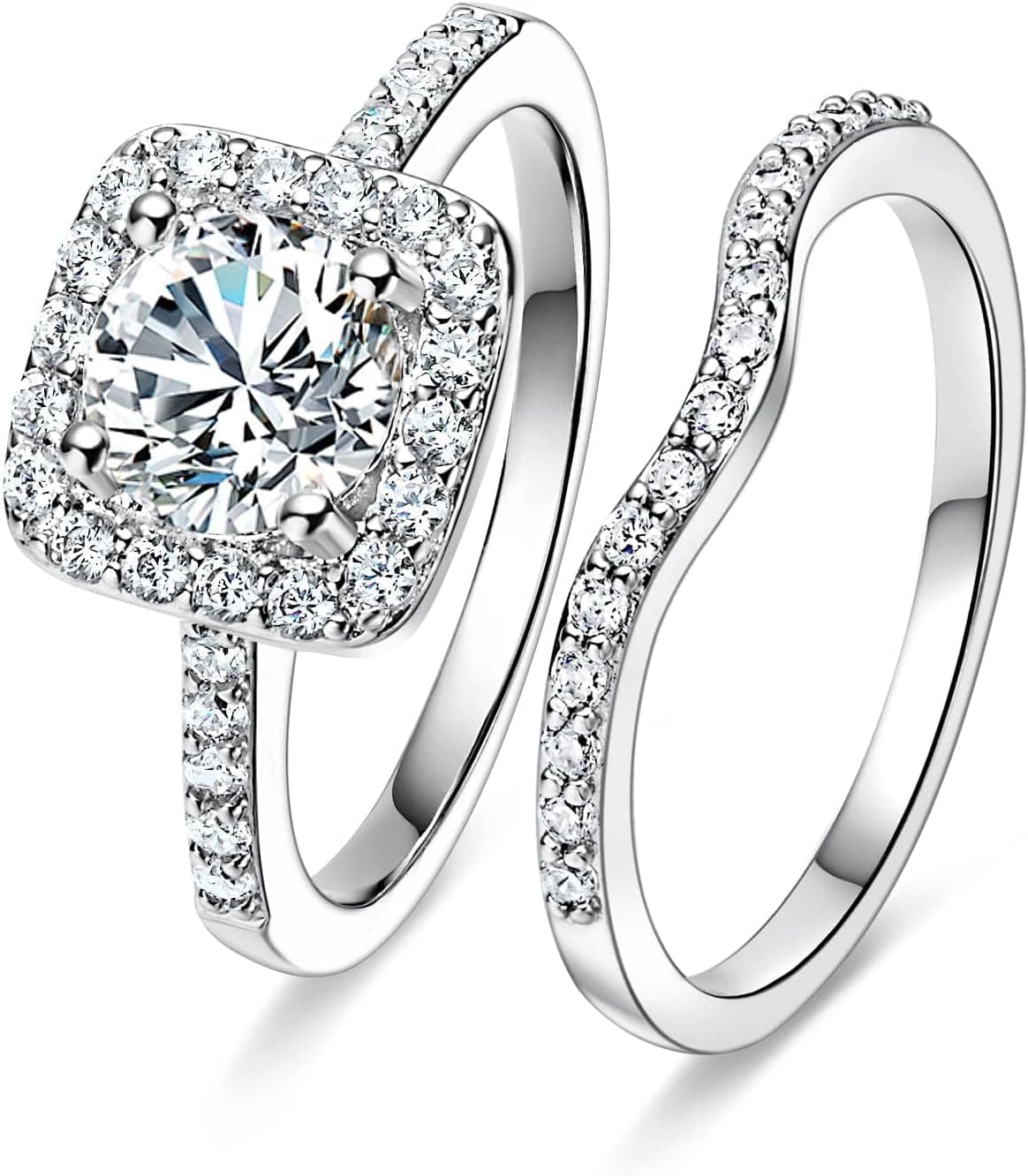 MDFUN 18K White Gold Plated Cubic Zirconia Two-in-One Halo Wedding Engagement Promise Eternity Ring for Women 7 - Image 2