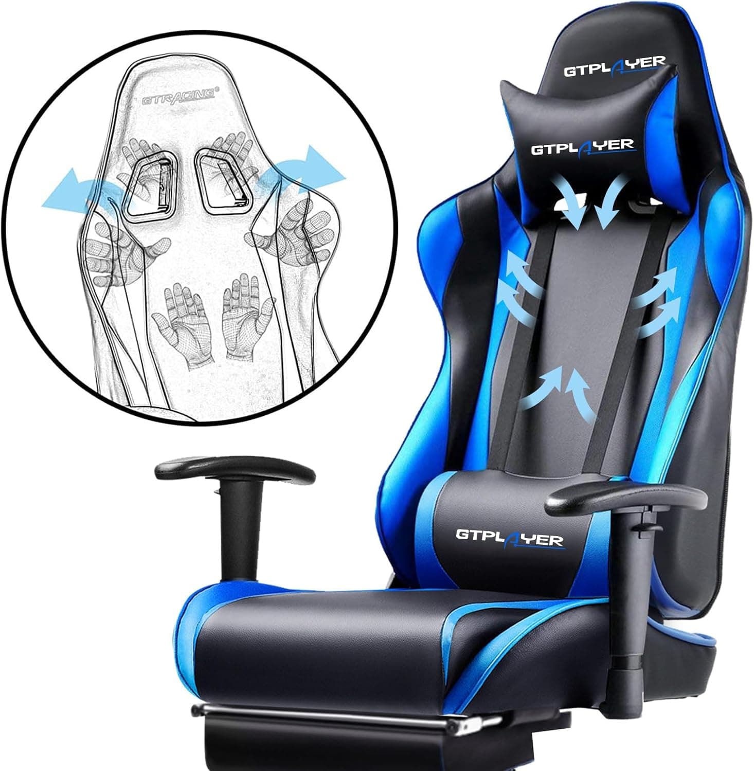 GTPLAYER Gaming Chair with Footrest, Ergonomic Computer Game Desk Chair, Reclining Gamer Chair Seat Height Adjustment, Swivel Rocker with Headrest and Lumbar (Blue) Oceanblue - Image 5