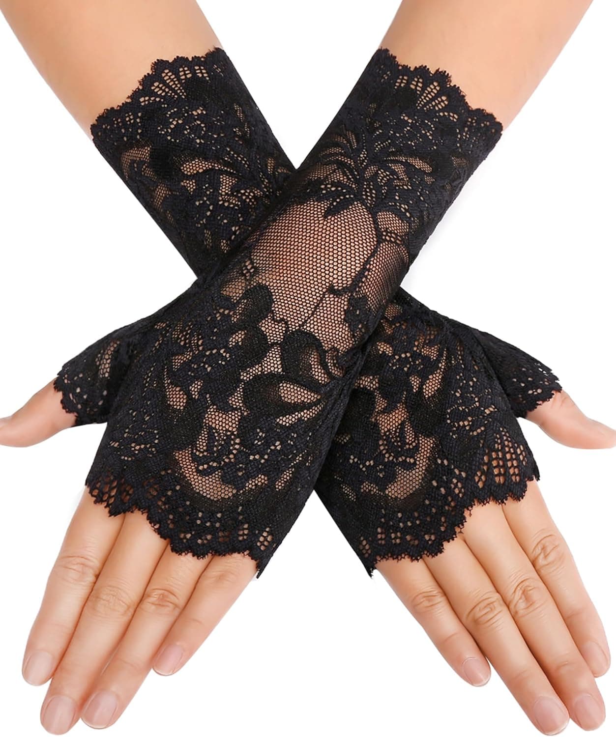 Avidlove Women Short Lace Gloves Fingerless Bridal Wrist Glove Opera Evening Wedding Tea Party Prom Cosplay Gothic Clothes One Size Black - Image 2