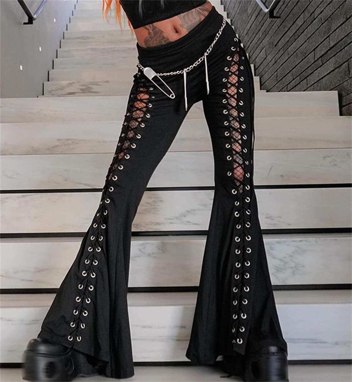 Y2k Bell Bottom Pants for Woman Gothic Black Lace-Up Cutout Stretch Punk Small Black - Image 5