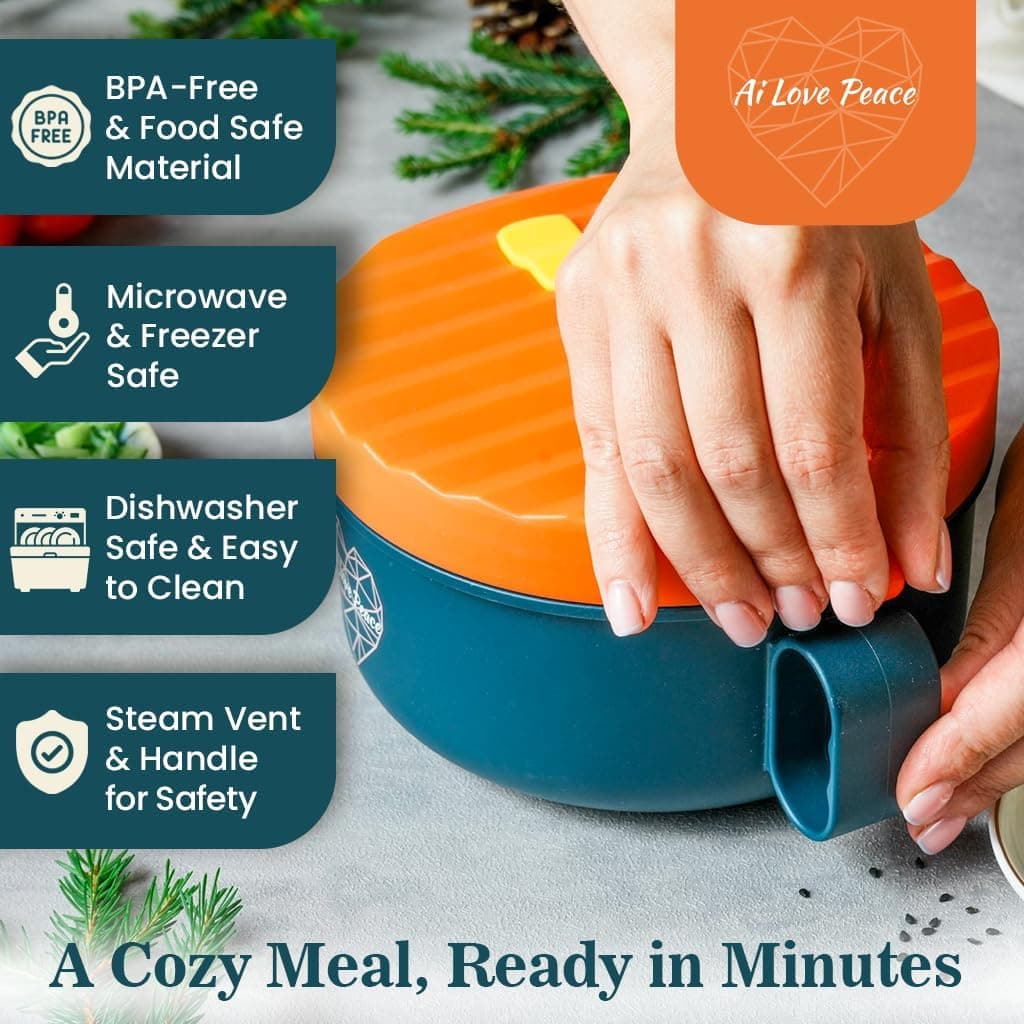AI LOVE PEACE 拉面碗，40盎司微波炉可用的面条锅，适合拉面、越南河粉、汤和意大利面，洗碗机安全且便携，理想用于家庭、办公室、宿舍或作为礼物（橙色）橙色 40盎司（单碗） - Image 4