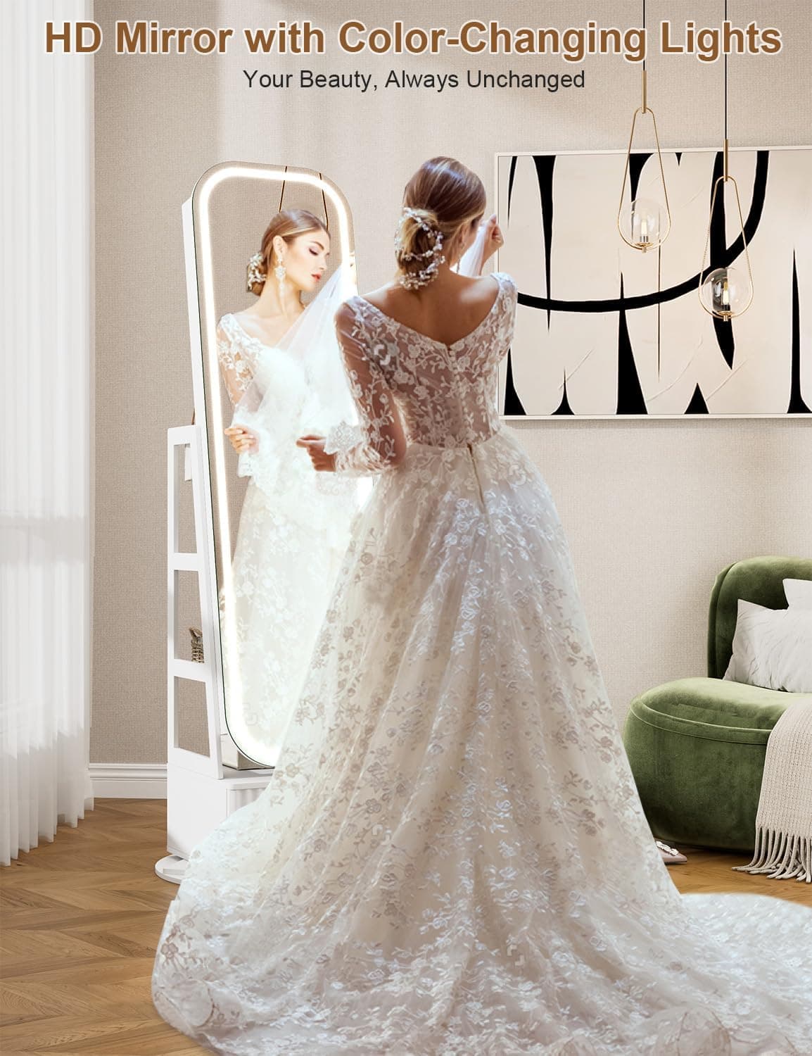 360° Swivel Jewelry Cabinet with Lights - RGB Vanity Mirror | Rotatable Full Length Mirror with Jewelry Storage, Standing Jewelry Armoire Organizer, Foldable Makeup Shelf, White (White 052) - Image 8