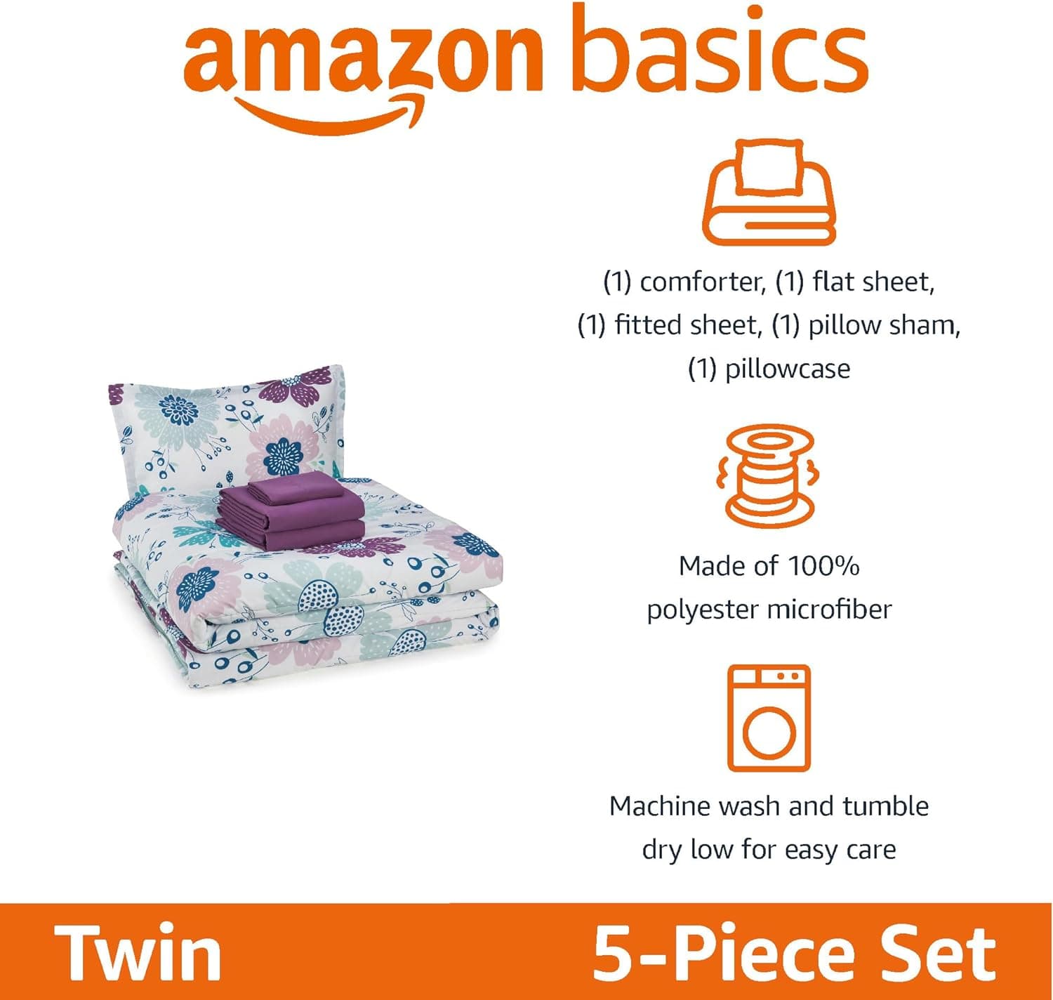 Amazon Basics 5 Piece Soft Microfiber Kid's Bed-in-a-Bag Bedding Set, Twin, Bluish Flowers, Floral Bluish Flower Twin - Image 3