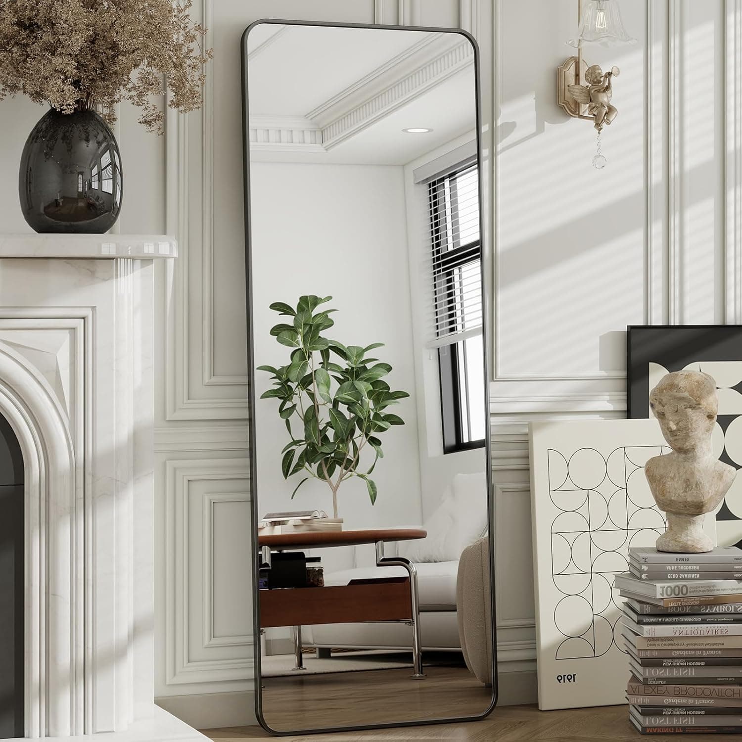 HARRITPURE 56"x21" Full Length Mirror, Black Rounded Corner Aluminum Frame Floor Standing Mirror Hanging/Leaning Wall for Living Room Bedroom Cloakroom Black 56"L x 21"W - Image 6