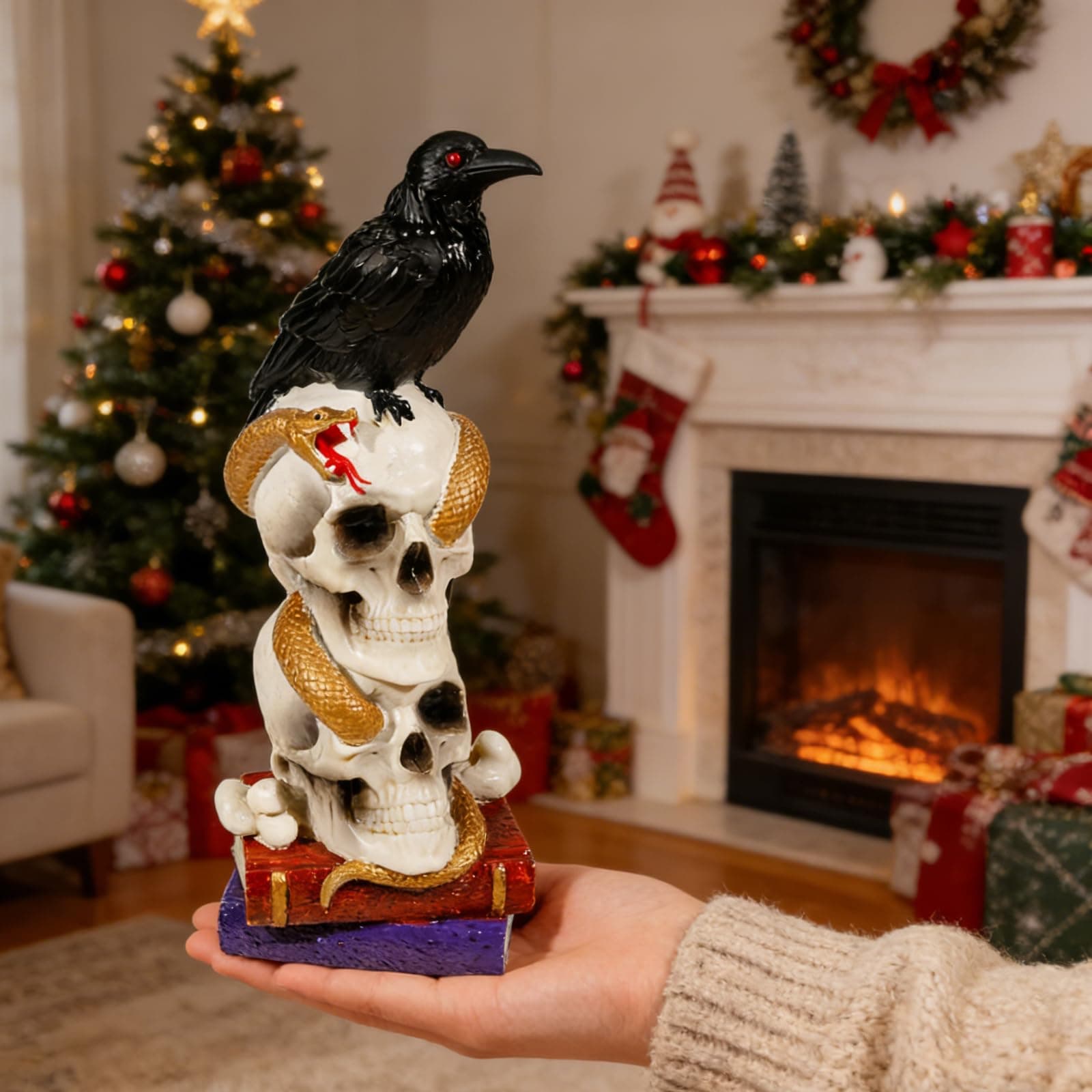 Wowagoga Christmas Raven Skull,Skeleton Skull Head, Totem Pole Decor with Book 8 Inch Tall Macabre Art Sculpture for Home Office