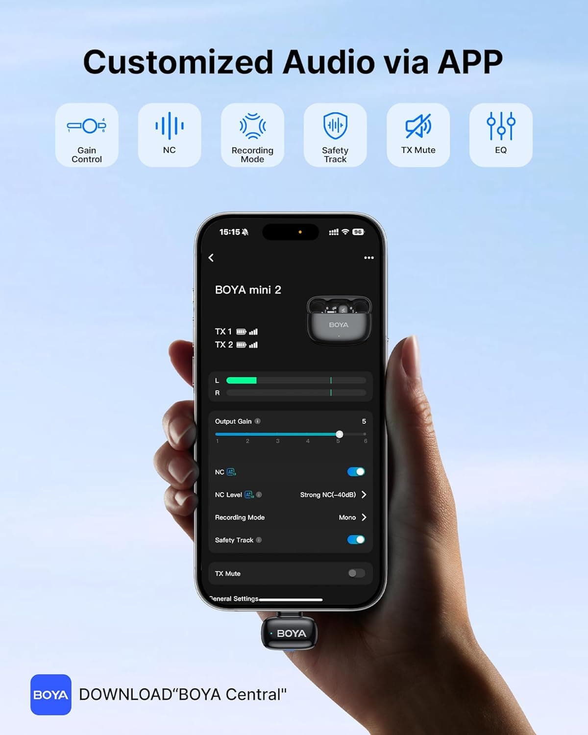 BOYA mini 2 Wireless Lavalier Microphones for iPhone 15/16/17 & Android, AI Noise Cancellation, App Control, 30H Battery Life with Charging Case, Lapel Microphone Wireless for Video Recording Vlogging Type-C-Black - Image 6