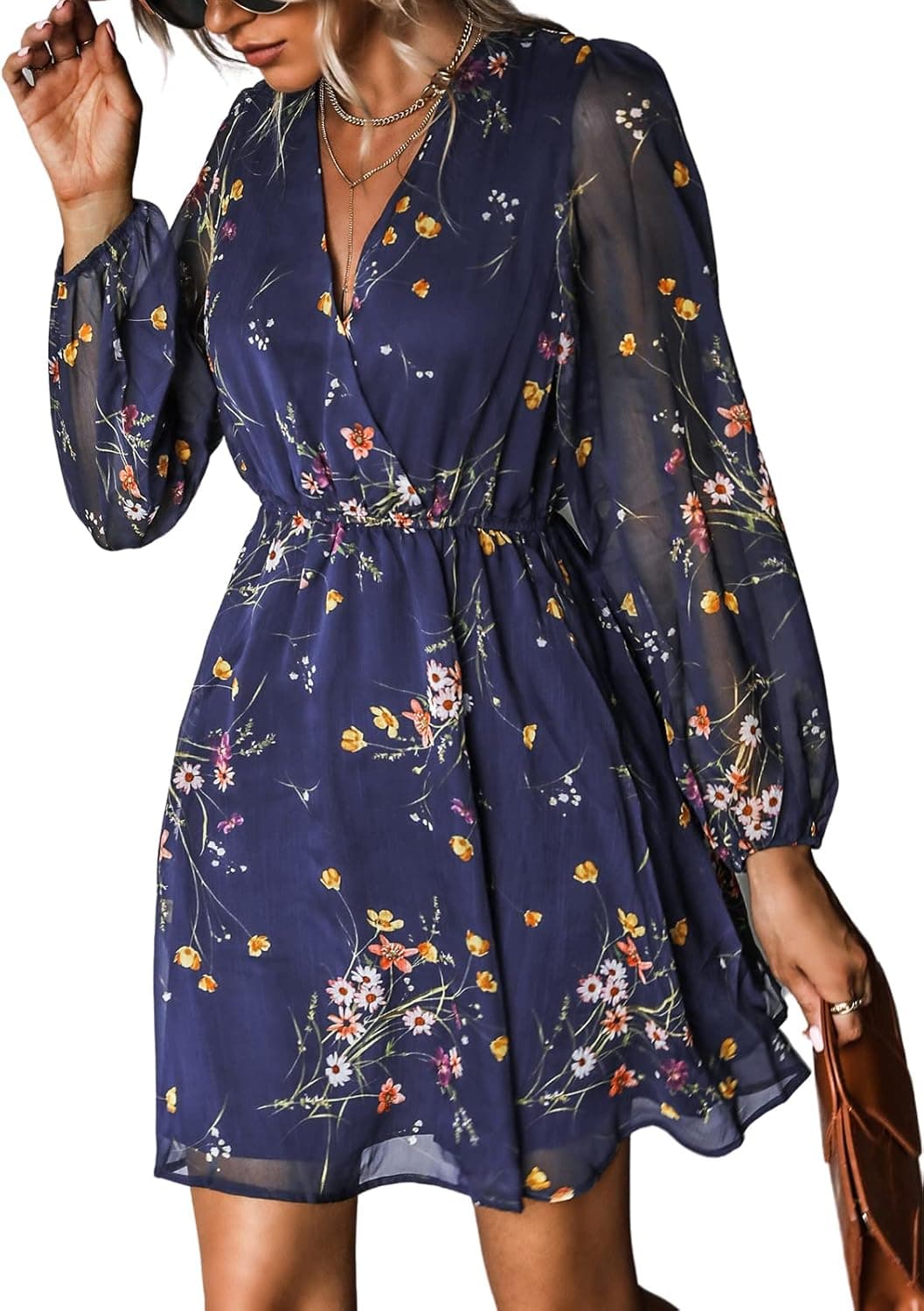 CUPSHE Women's Mini Dresses Casual Spring V Neck Chiffon Long Peasant Sleeves Flowy Summer Dress Navy XX-Large - Image 2