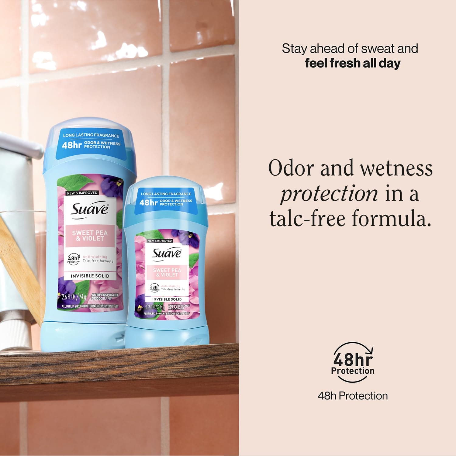 Suave Antiperspirant Deodorant for Women, Sweet Pea & Violet 2-Size Variety Pack – Anti-Staining Invisible Solid, Talc-Free (2 Piece Set) - Image 4