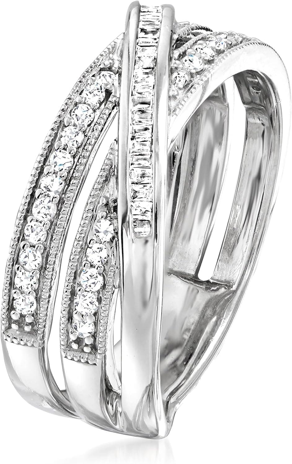 Ross-Simons 0.33 ct. t.w. Round and Baguette Diamond Crisscross Ring in Sterling Silver 7 Diamond - Image 3