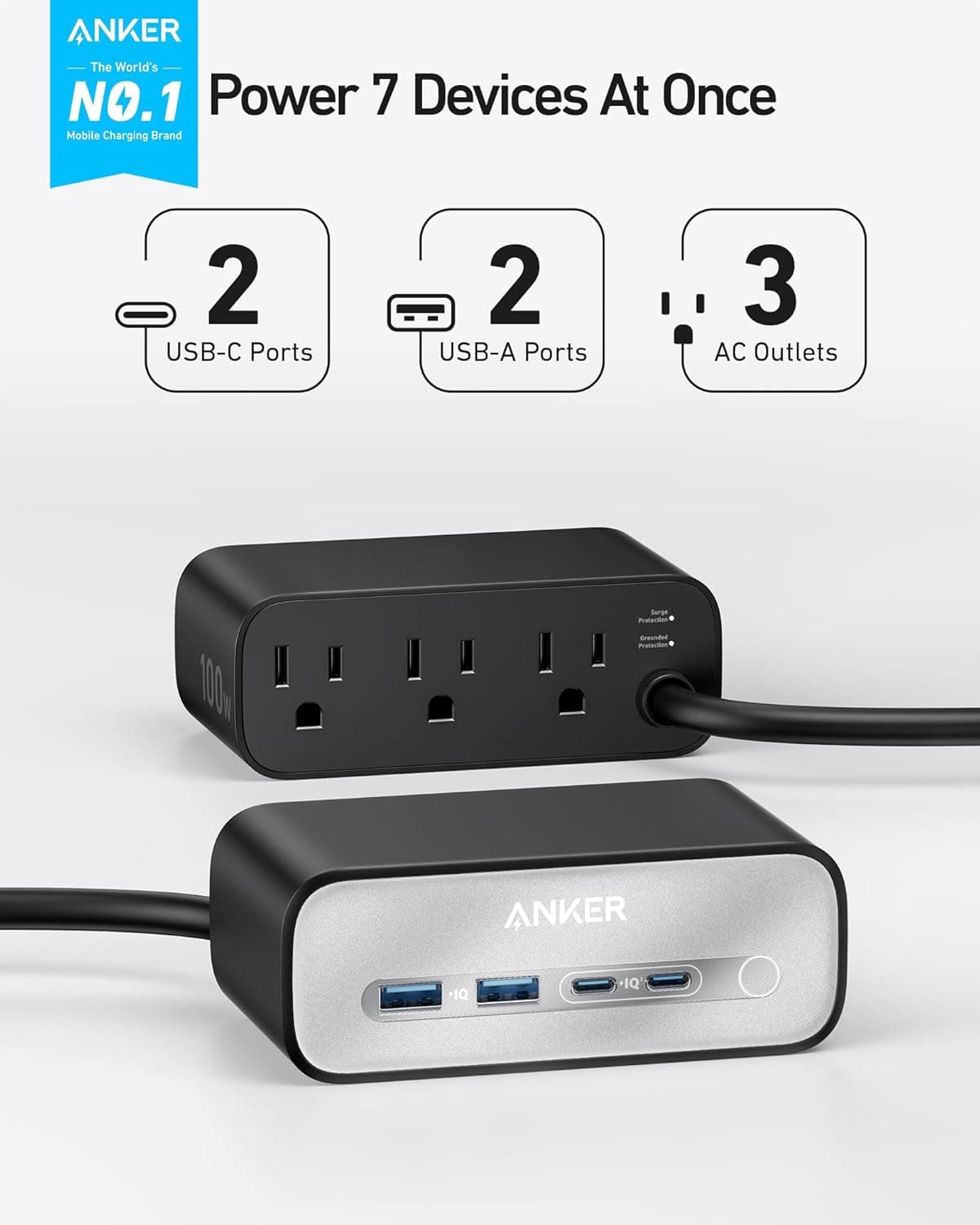 Anker Nano Charging Station(100W Max), 7-in-1 USB C Power Strip for iPhone 16/15/14 and MacBook Air/Pro, 5ft Thin Cord,3AC, 2USB A,2USB C,Power Delivery Desktop Accessory for Home&Office(Black) - Image 3