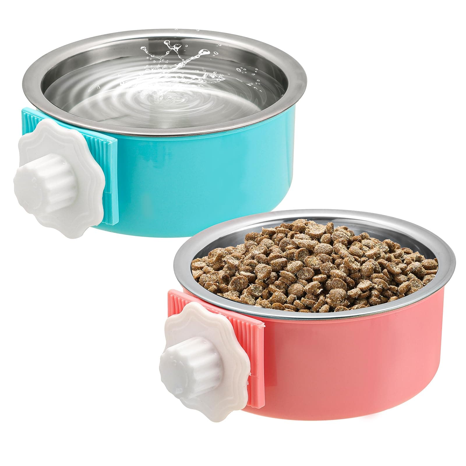 2 Pieces Crate Dog Bowl, Removable Stainless Steel Pet Kennel Hanging Food Water Feeder Bowl Cage Coop Cup for Puppy Medium Dog Cat Rabbit Ferret Bird (Blue,Red)