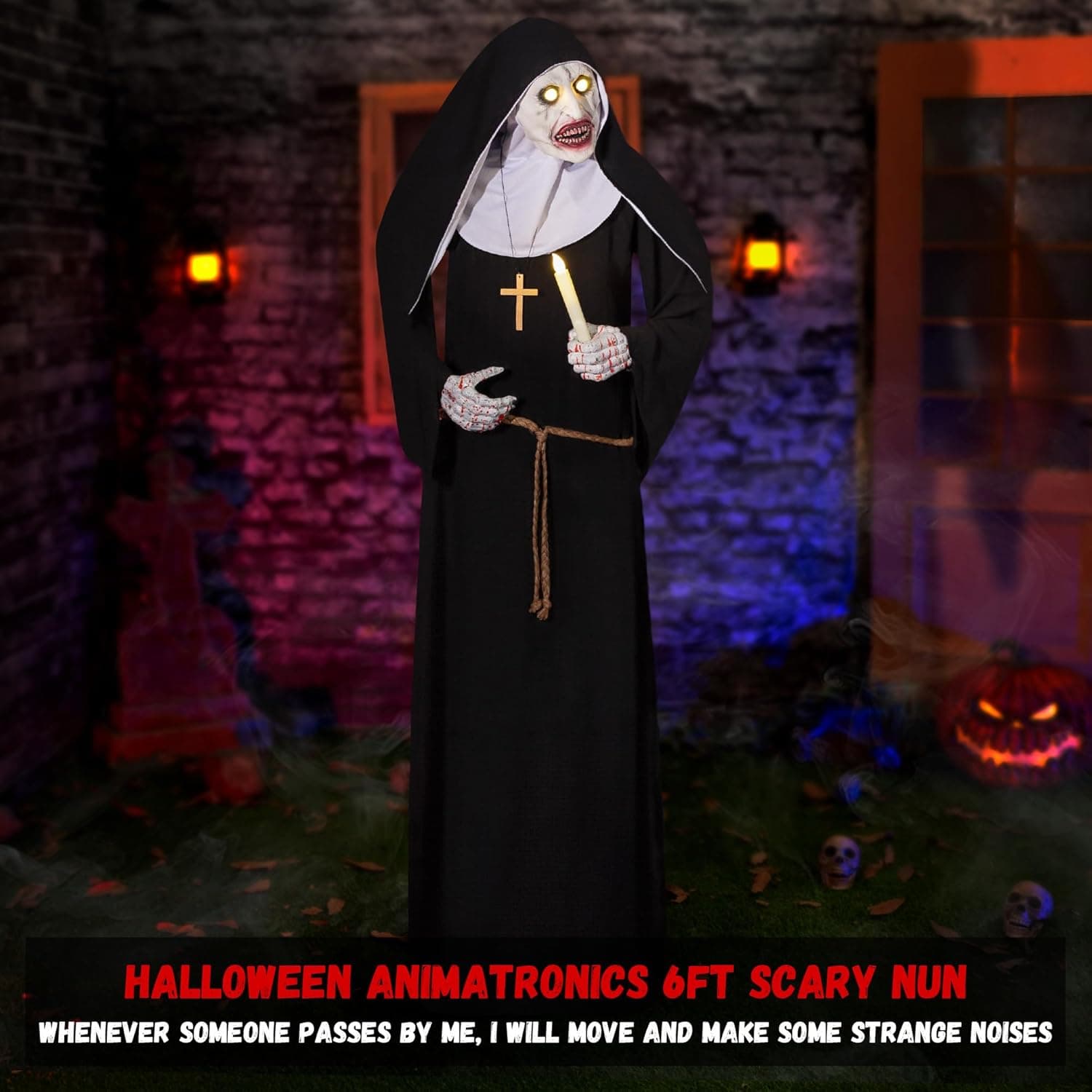 Halloween Animatronics 6ft Nun Animated 72inch Sister Decoration with Motion Sensor Activated, Creepy Sound, Scary Move, Light Up Eyes, Haunted House Spooky Decor Horror Prop for Indoor, Outdoor, Yard - Image 7