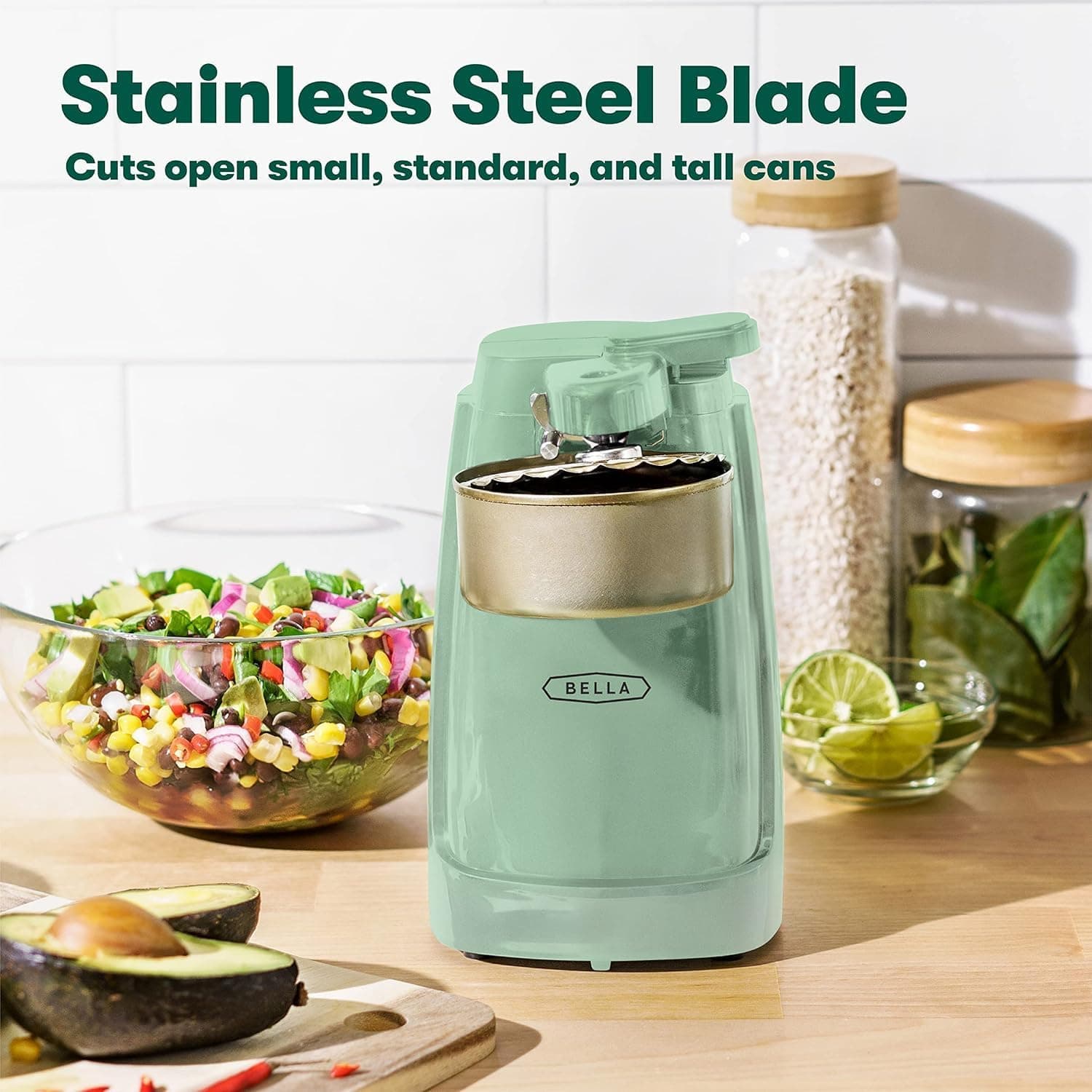 BELLA Electric Can Opener and Knife Sharpener, Multifunctional Jar and Bottle Opener with Removable Cutting Lever and Cord Storage, Stainless Steel Blade, Sage - Image 5