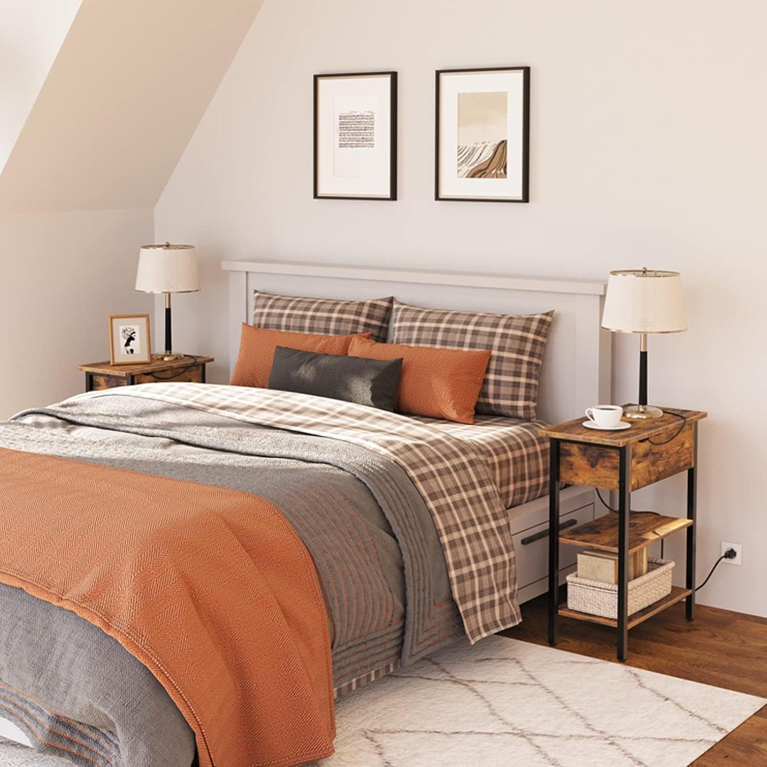 HOOBRO End Table with Charging Station, Narrow Side Table, Flip Top Nightstand with USB Ports and Outlets, Bedside Tables with Shelf for Small Spaces, Living Room, Rustic Brown BF341BZ01 1 Rustic Brown + Black - Image 8