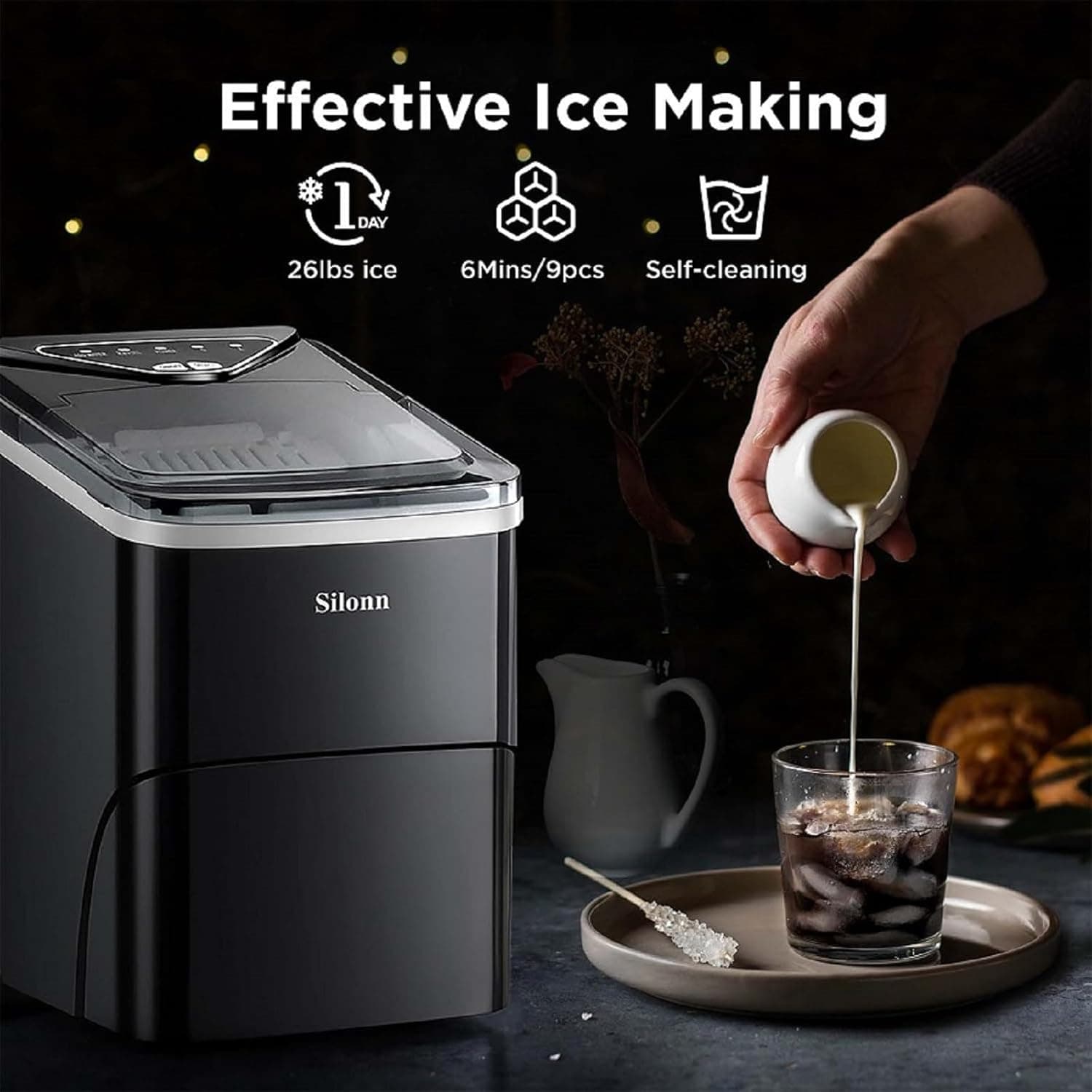 Silonn Ice Maker Countertop, 9 Cubes Ready in 6 Mins, 26lbs in 24Hrs, Self-Cleaning Ice Machine with Ice Scoop and Basket, 2 Sizes of Bullet Ice for Home Kitchen Office Bar Party Black 26lbs - Image 3
