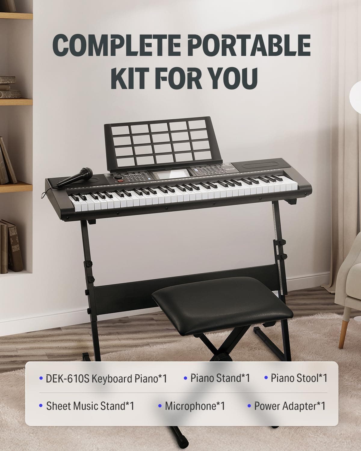 Donner Piano Eléctrico de 61 Teclas, Kit de Teclado con 249 Voces, 249 Ritmos - Incluye Soporte para Piano, Banqueta, Micrófono, Regalo para Principiantes, Negro (DEK-610S) Kit Completo Negro - Image 7