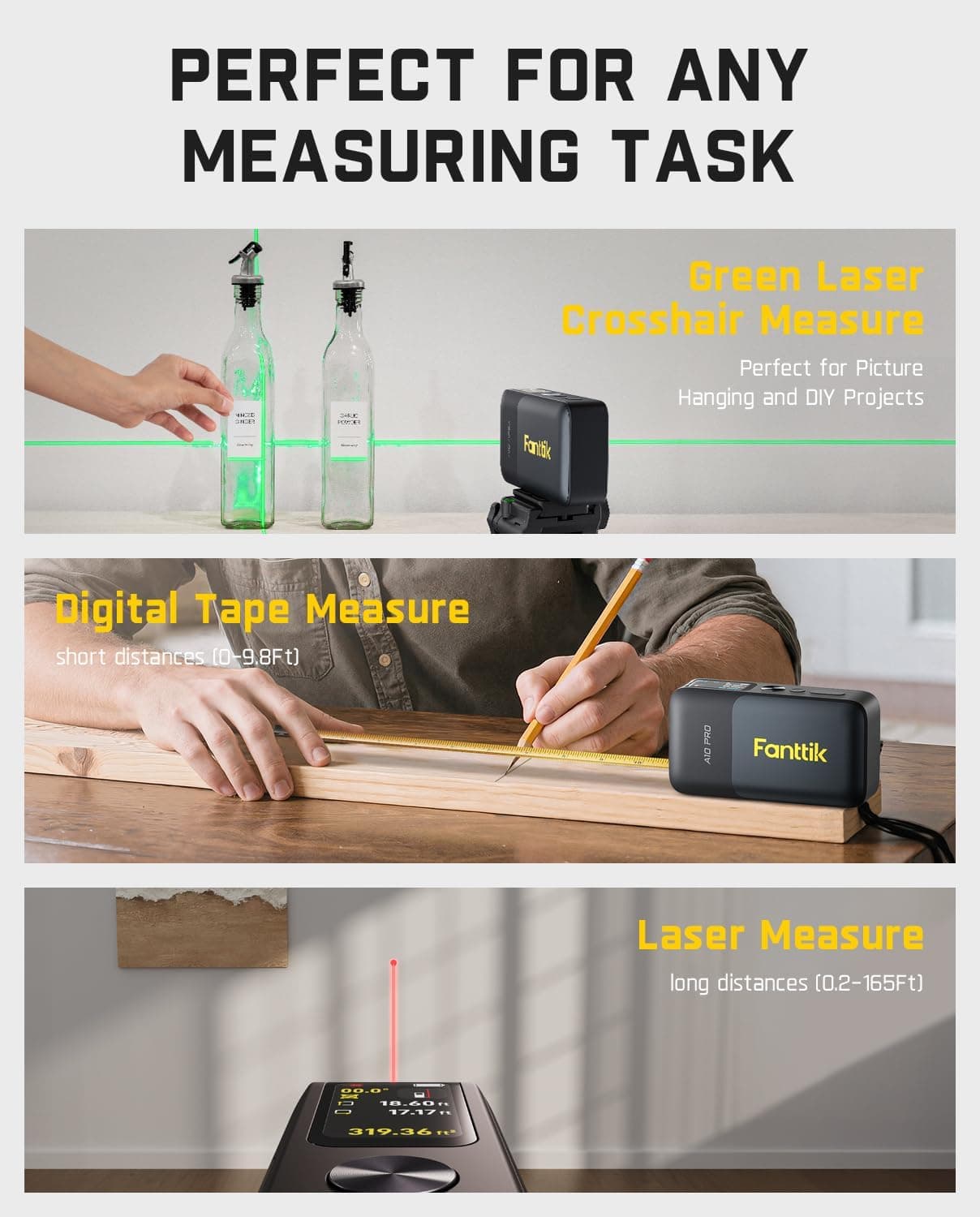 Fanttik A10 Apex 3-in-1 Digital Laser Tape Measure with HD Color Display, 165Ft Rechargeable Laser Measurement & 32Ft Green Cross Line Laser & 9.8Ft Tape, 6 Units, for Distance/Area/Volume/Leveling Black - Image 8