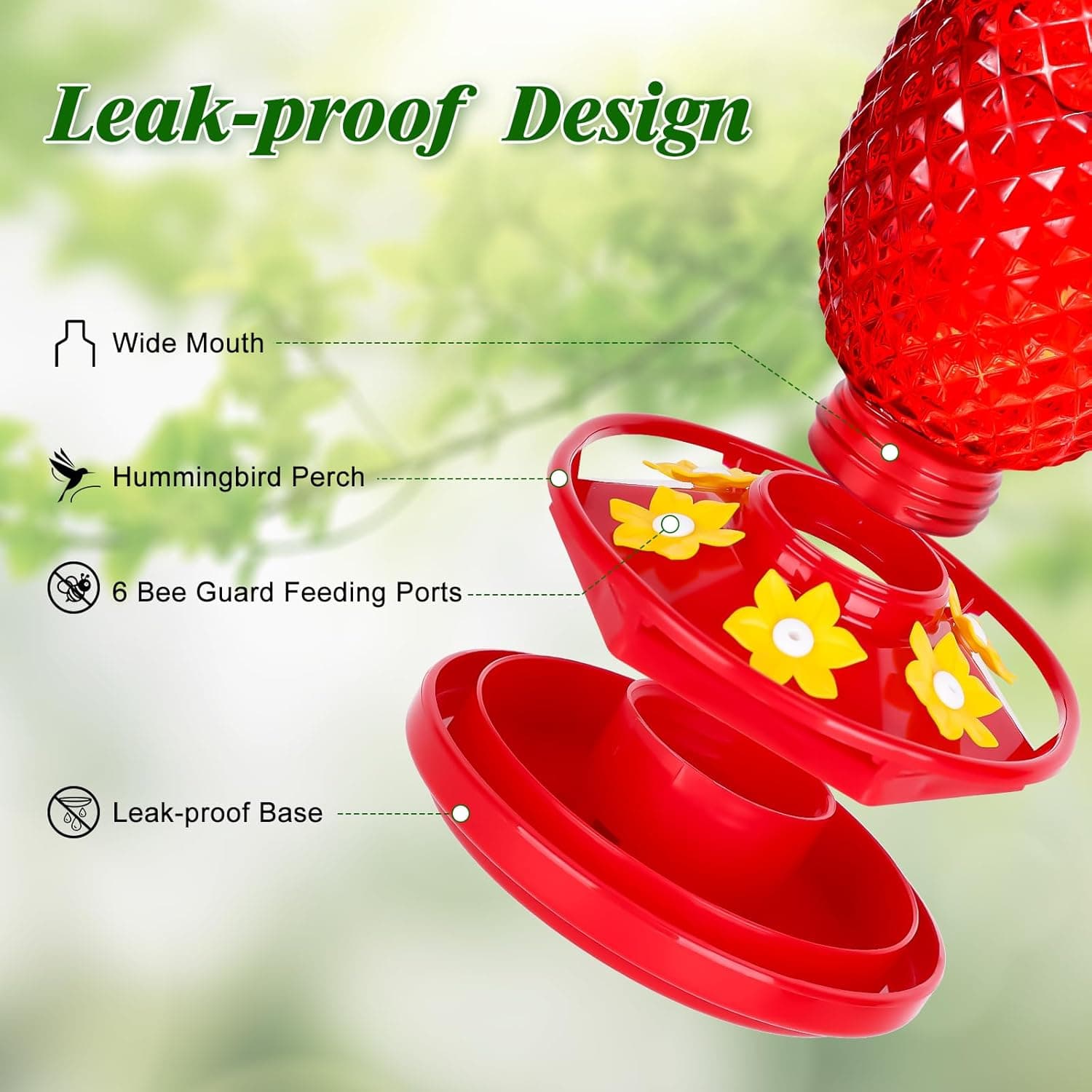 Glass Hummingbird Feeders for Outdoors Hanging Ant and Bee Proof 16OZ 2 Pack Red Pineapple Humming Bird Feeder with 6 Feeding Ports and Ant Moat Hummingbird Gifts for Women Garden Decor 2 16 OZ - Image 3