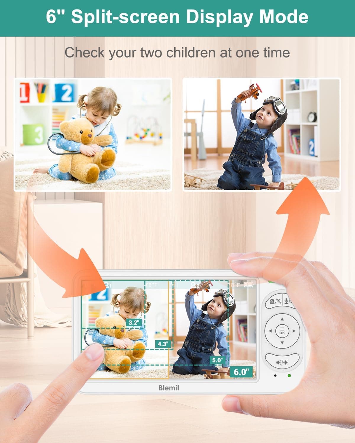 Blemil 6" Baby Monitor with 2 Cameras 4000mAh Battery Upgrade Split Screen Video Baby Monitor No WiFi Remote Pan-Tilt-Zoom Auto-Night Vision 150 Languages ECO Mode 2-Way Talk 1000FT (Ideal Condition) BL9064-2 - Image 3