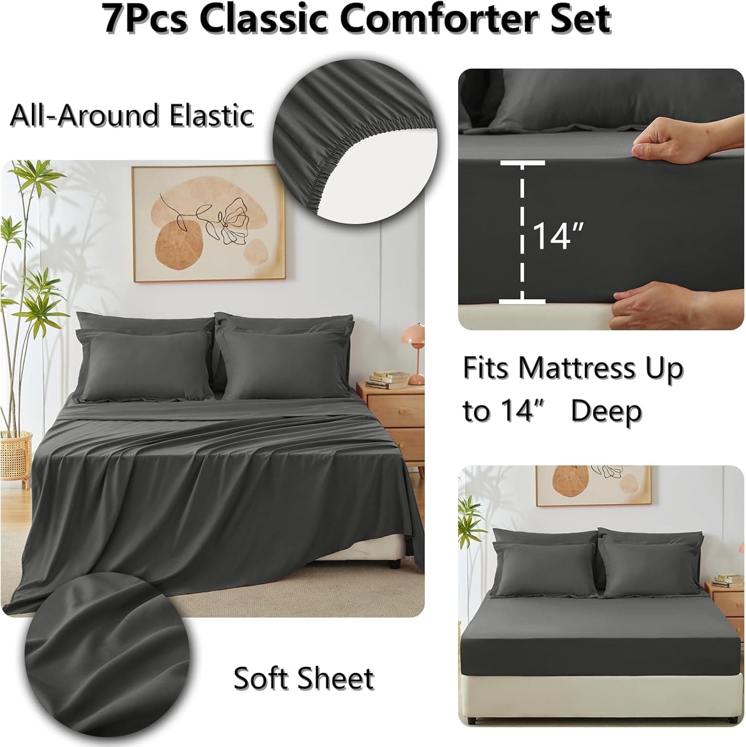 CozyLux Queen Comforter Set Dark Grey - Bed in a Bag Queen Size 7 Pieces, Luxury Soft Bed Set for All Seasons, Bedding Set with Down Alternative Comforter, Sheets, Pillowcases & Shams Dark Grey Queen - Image 6