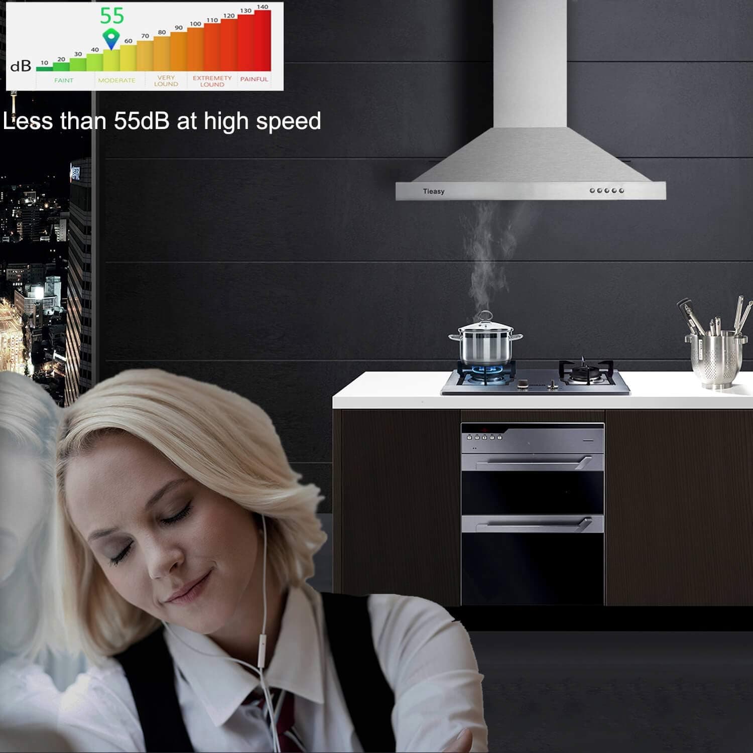 Wall Mount Range Hood 30 inch with Ducted/Ductless Convertible Duct, Stainless Steel Chimney-Style Over Stove Vent Hood with LED Light, 3 Speed Exhaust Fan, 450 CFM Button Control Mesh Filters - Image 5