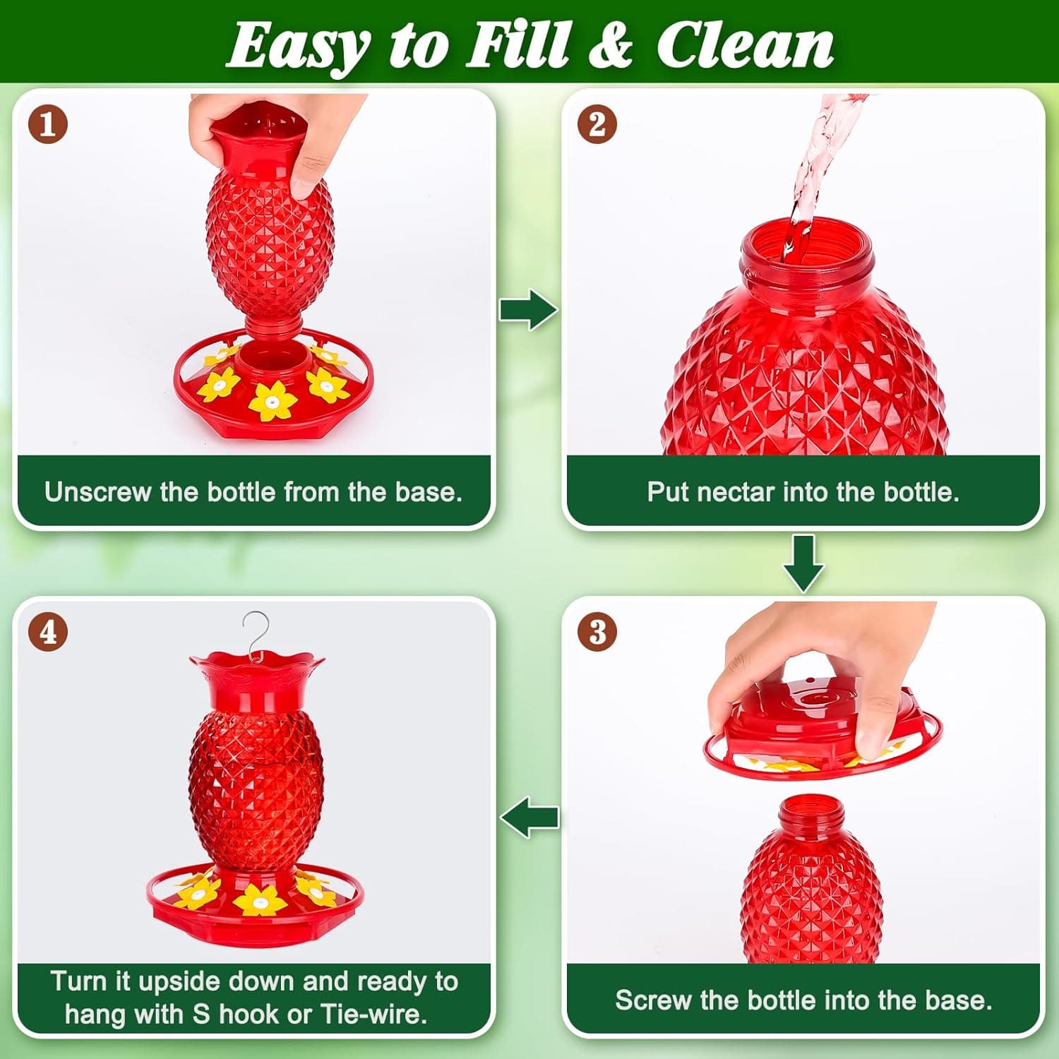 Glass Hummingbird Feeders for Outdoors Hanging Ant and Bee Proof 16OZ 2 Pack Red Pineapple Humming Bird Feeder with 6 Feeding Ports and Ant Moat Hummingbird Gifts for Women Garden Decor 2 Red - Image 7
