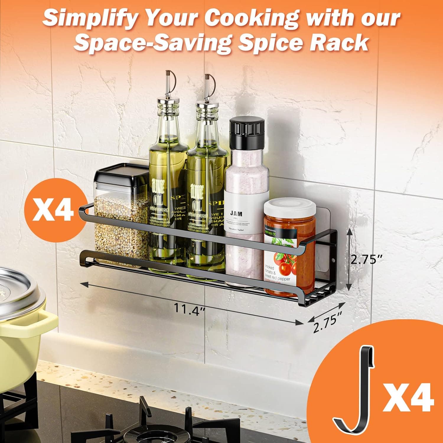 Spice Rack Wall Mounted 4 Pack,Space-Saving Spice Organizer for Spice Jars and Seasonings,Screw or Adhesive Hanging Spice Rack Organizer for Your Kitchen Cabinet,Pantry Door,11.41x2.75x2.75in 4Pack Black - Image 8