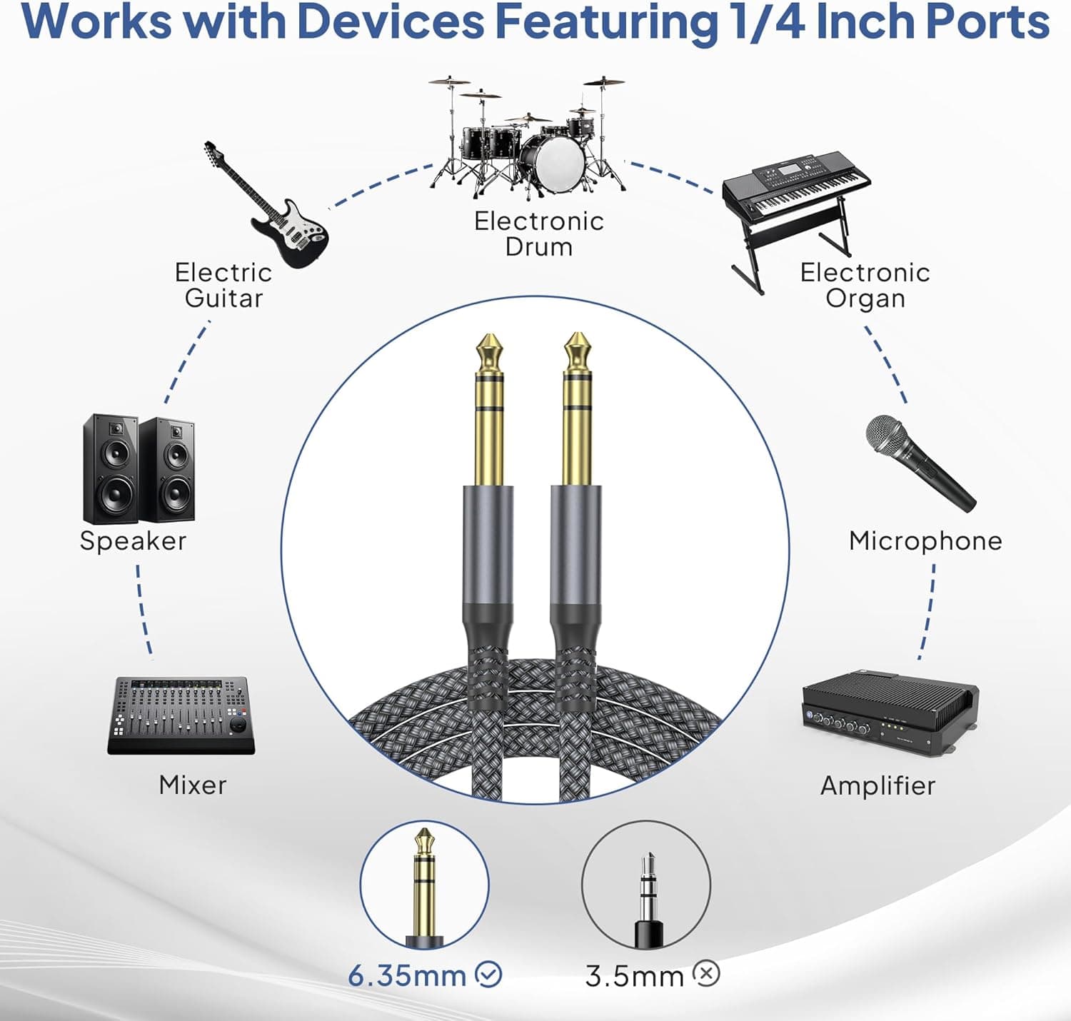 Elebase 1/4 Inch TRS Instrument Guitar Cable 10ft 2Pack,Straight 6.35mm Guitar Bass AMP Cord,Quarter Inch 6.3mm Male Jack Stereo Audio Balanced Line for Electric Guitar,Bass,Keyboard,Amplifier,Speaker 10FT/3M Grey - Image 6