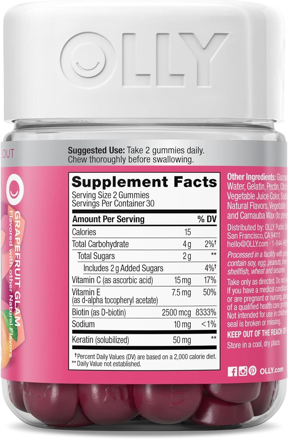 OLLY Undeniable Beauty Gummy, For Hair, Skin, Nails, Biotin, Vitamin C, Keratin, Chewable Supplement, Grapefruit, 30 Day Supply - 60 Count 60 Count (Pack of 1) - Image 10