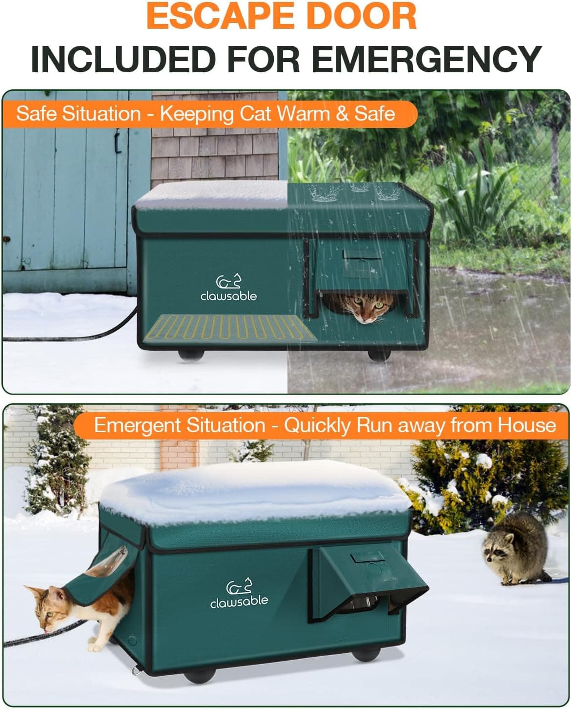 Indestructible Heated Cat House for Outside Cats Winter, 100% Weatherproof, Safe Escape Door, Insulated Outdoor Cat Shelter with Heater for Feral Barn Cat Kitty (Forest Green, 12.6"x16.5"x12.6") Forest Green 12.6"x16.5"x12.6" - Image 3