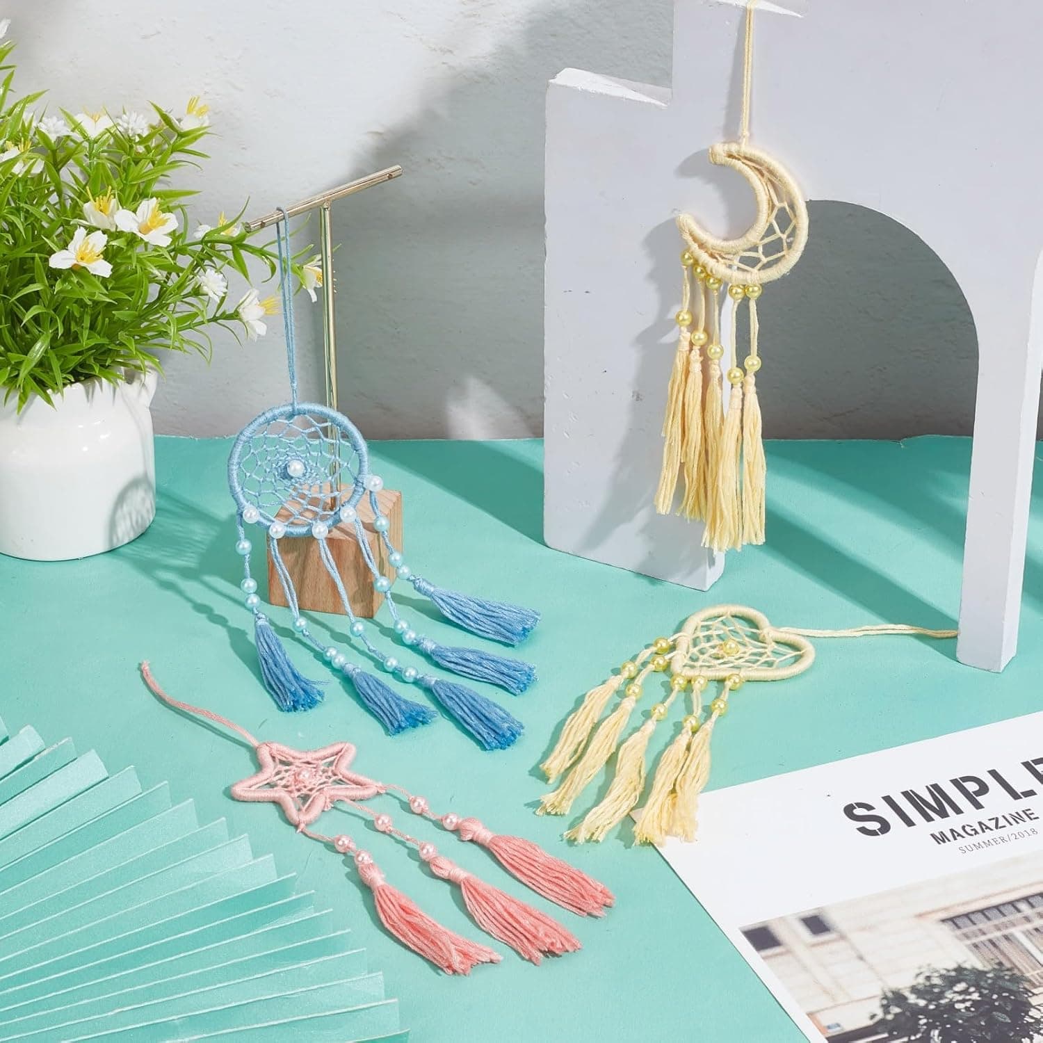 INFUNLY 24PCS DIY Small Dream Catcher Kits for Beginners Colorful Handmade Dreamcatcher Kit for Starters DIY Mini Star/Moon/Heart/Round Shape Ornament Making Kit for Bedroom Car Mirror Keychain Bag Love + Moon + Circle + Star - Image 5