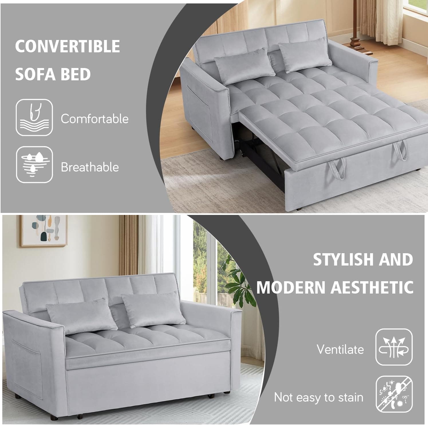 3 In 1 Velvet Convertible Sofa Bed, Pull Out Couch Bed with Reclining Backrest And 2 Pillows, 54" Full Size Loveseat Sleeper Sofa Futon Couch Beds, Couches For Small Spaces, Living Room (Silver Grey) - Image 5