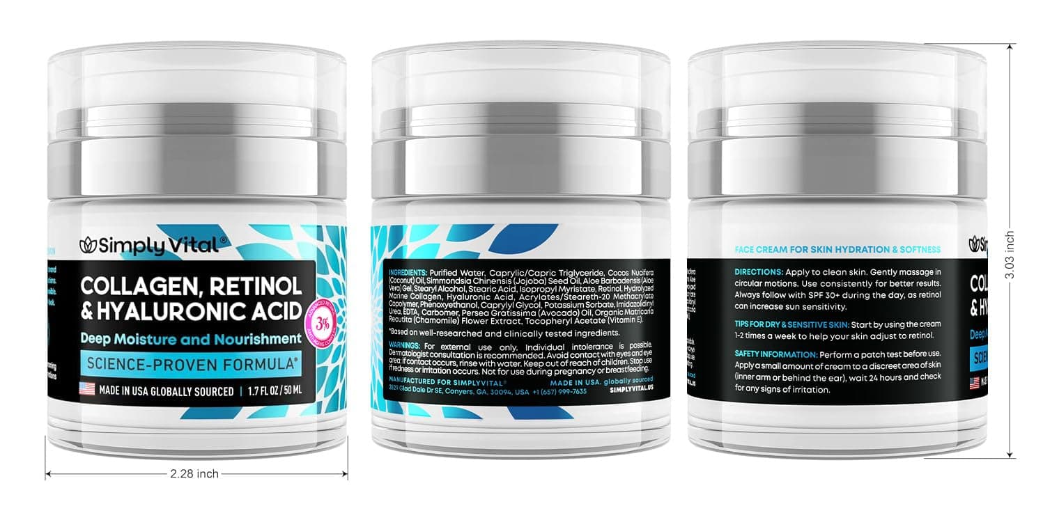 SimplyVital Collagen, Retinol & Hyaluronic Acid Cream - Anti-Aging Face Moisturizer for Face, Firming Skin Care Neck & Décolleté - Made in USA, Daily Moisturizer Face Cream Day & Night - 1.7 fl.oz. Cream 1.7 Fl Oz (Pack of 1) - Image 10
