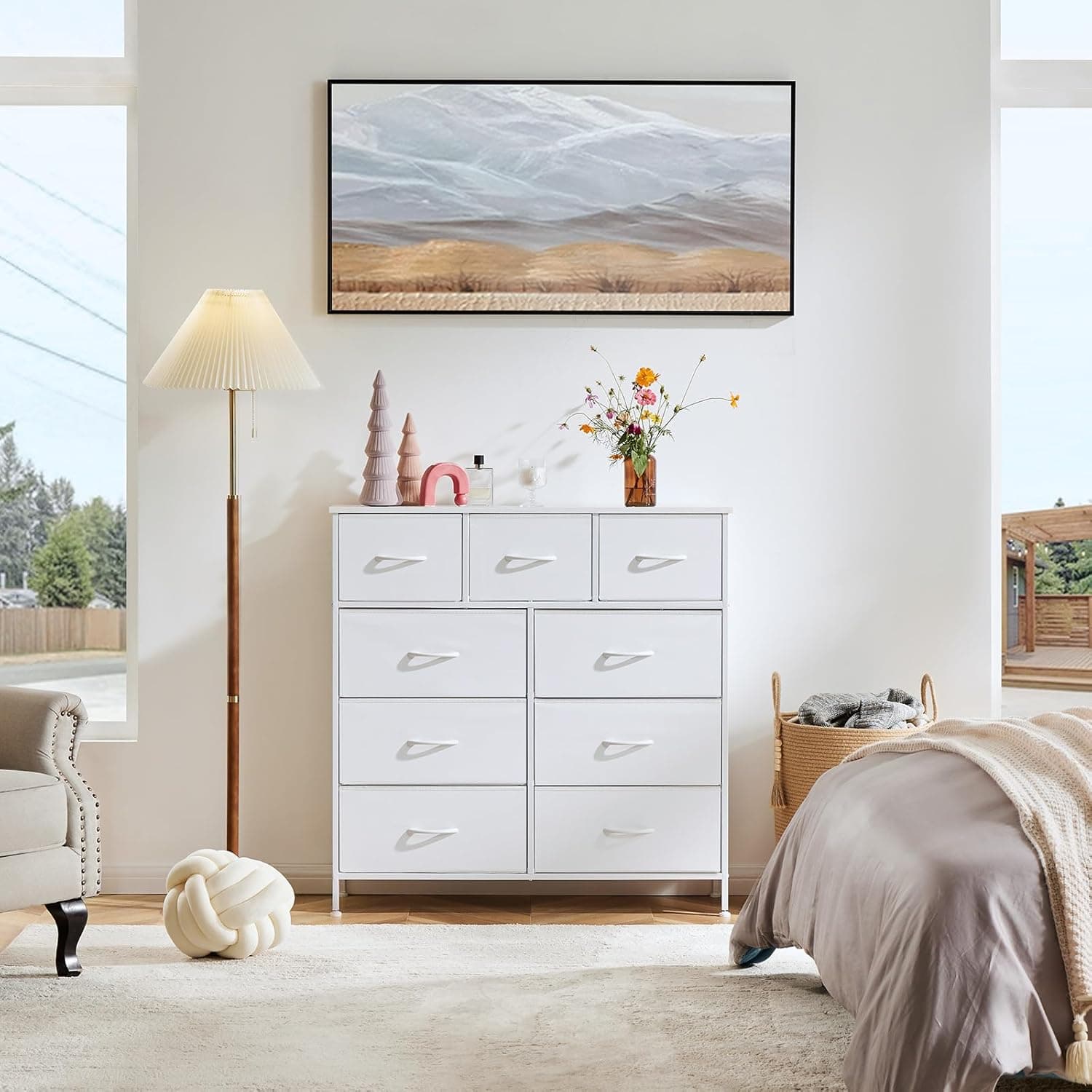OLIXIS Dresser for Bedroom, 9 Storage Drawers, Wide Fabric Closet Chests Organizer Tower Furniture, TV Stand with Wooden Top Metal Frame for Clothes, Living Room, Hallway, Entryway, Classic White White 11.8"D x 39.4"W x 40"H (9 Drawers) - Image 3