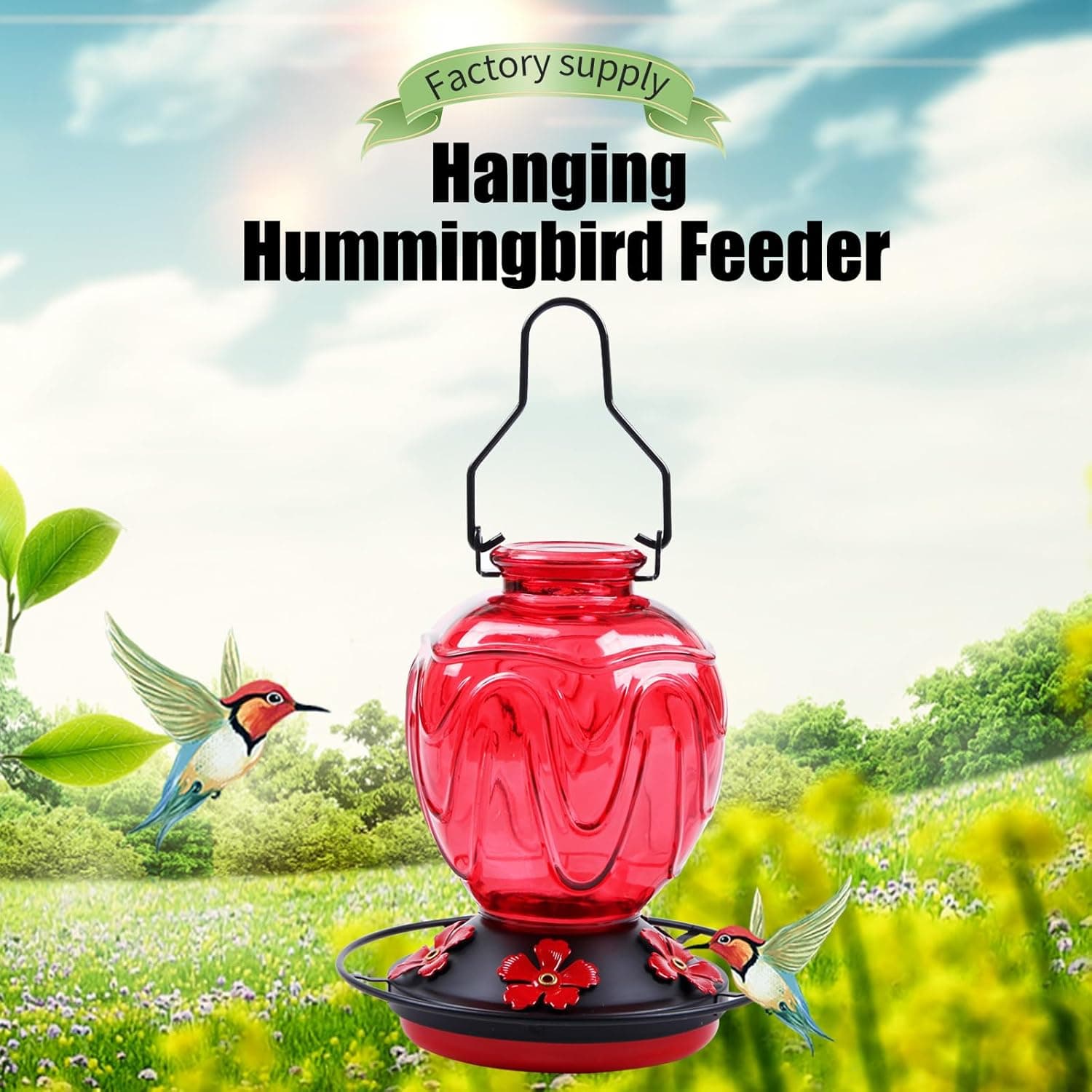 Glass Hummingbird Feeder for Outdoors Hanging, 24Ozs Humming Bird Nectar Feeder w/Perch, 5 Flower Feeding Ports, Leak Proof Base and Hook for Outside Garden Backyard Decor, Gifts for Women Mom, Red - Image 8