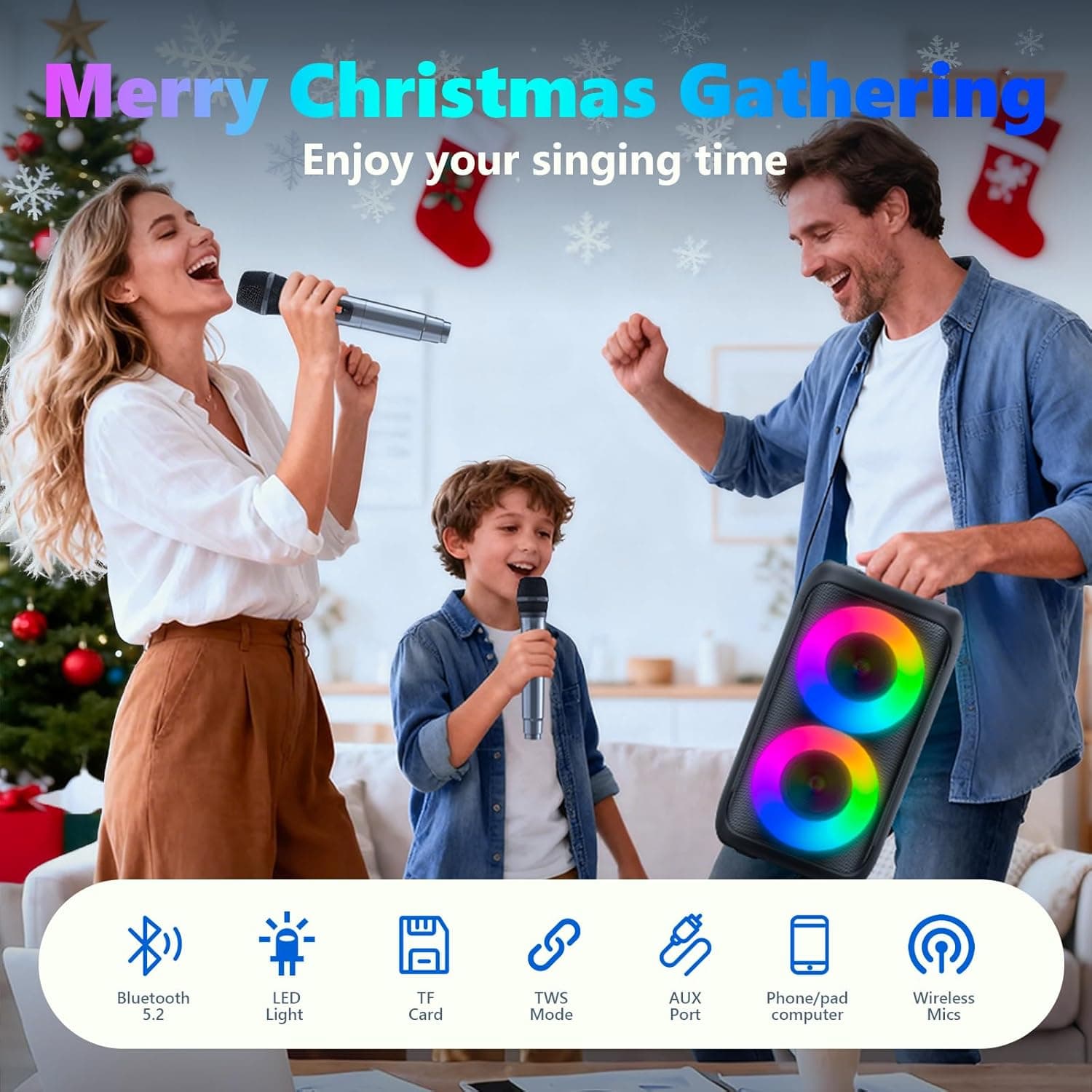 Karaoke Machine, Portable Bluetooth Speaker with 2 Wireless Karaoke Microphones, Karaoke Machine for Adults Kids with PA System,Stage Monitors Support TWS/TF/USB/AUX for Home Party Stage,Xmas Gifts Black - Image 3